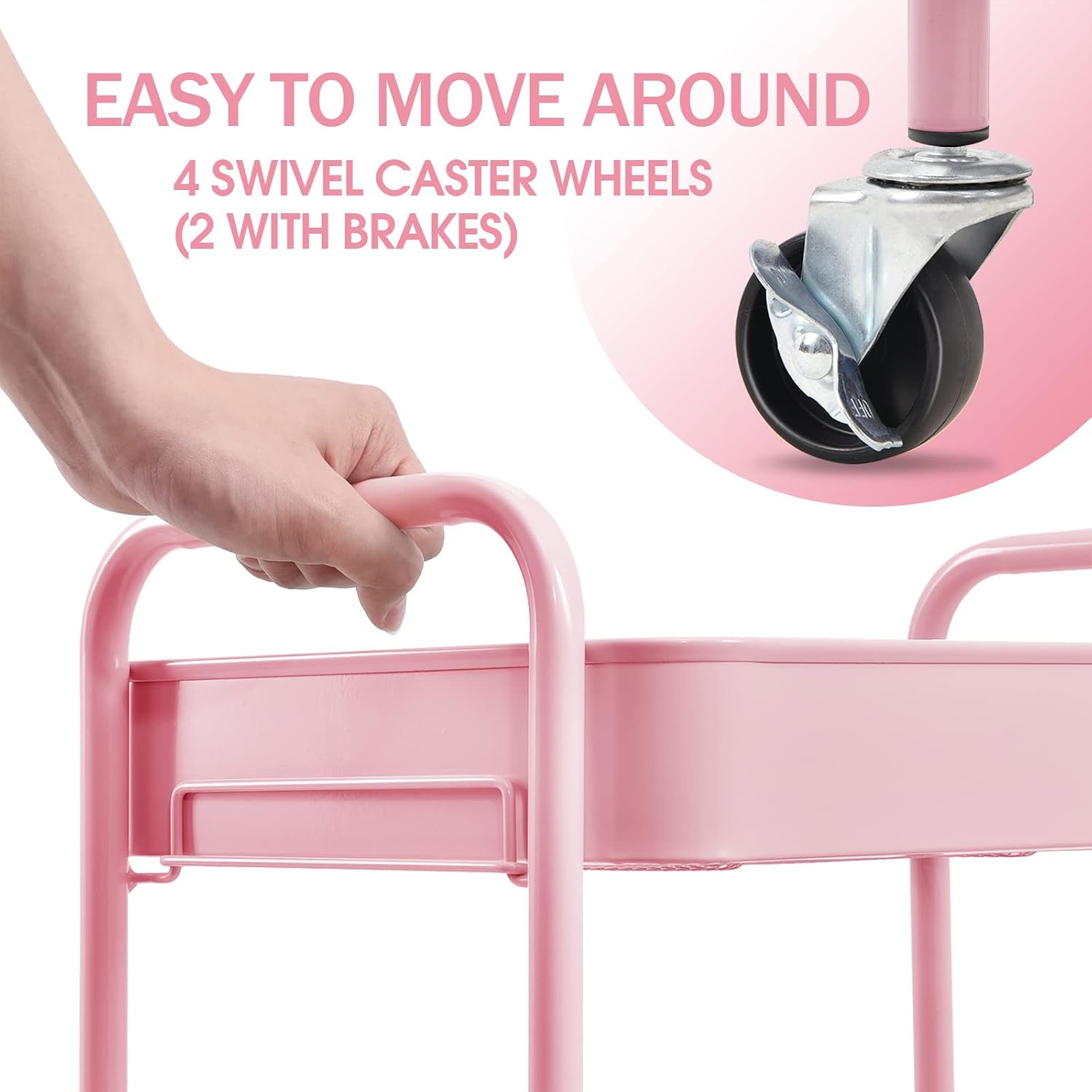 Detalle de TOOLF RY131218 3-Tier Metal Rolling Cart, Pink, Tool-Free Assembly