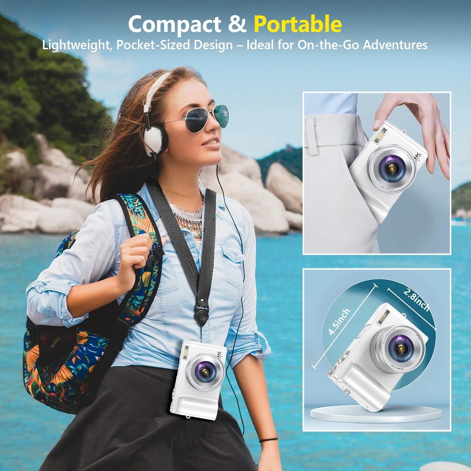 Thumbnail 4 de 4K Digital Camera for Photography with Autofocus, 64MP WiFi Vlogging Camera (3" 180° Flip Screen) + 2 Batteries, White