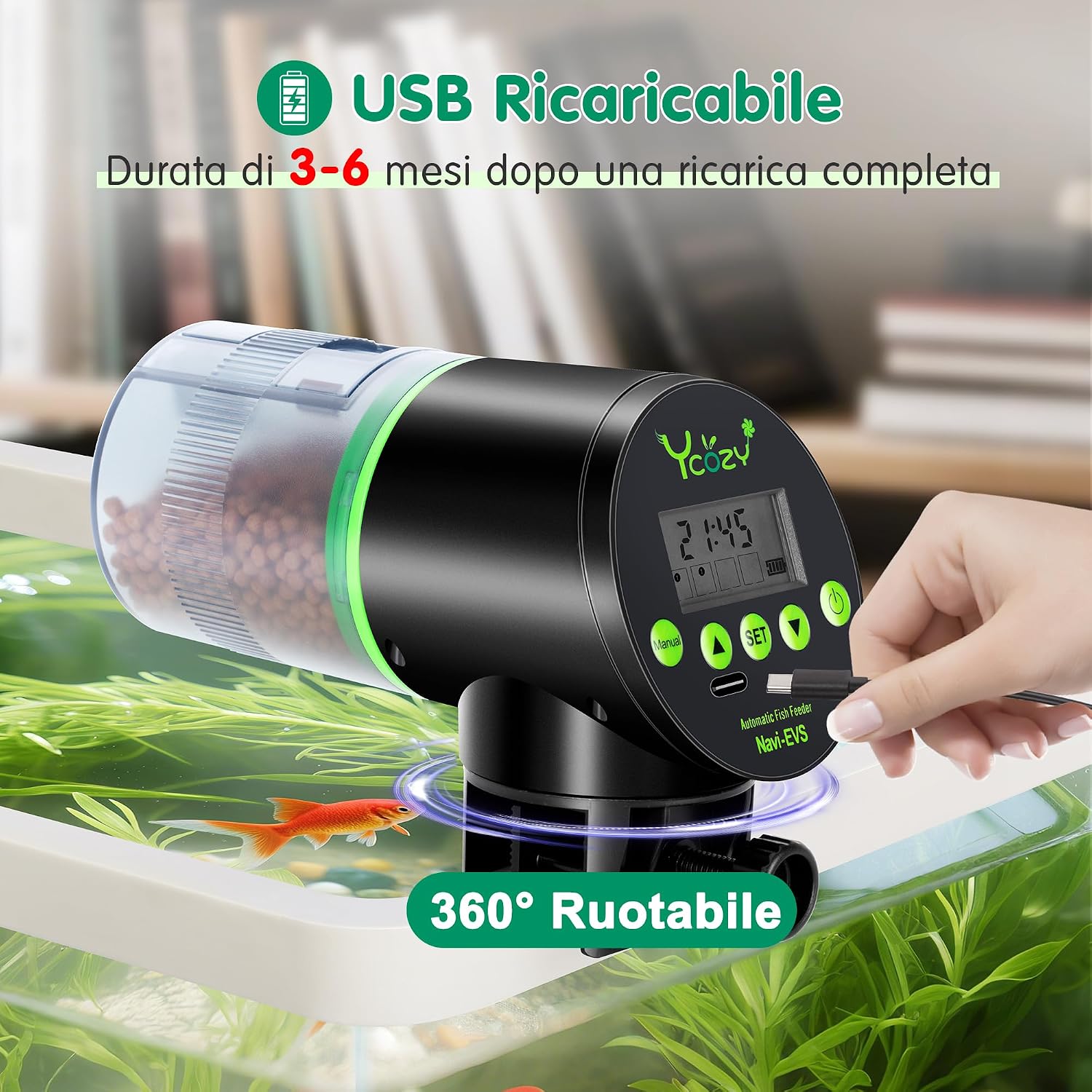 Detalle 2 de Ycozy Mangiatoia Automatica per Acquario Navi-EVS – Alimentatore Mangiatoia USB Ricaricabile per Pesci, 600 L