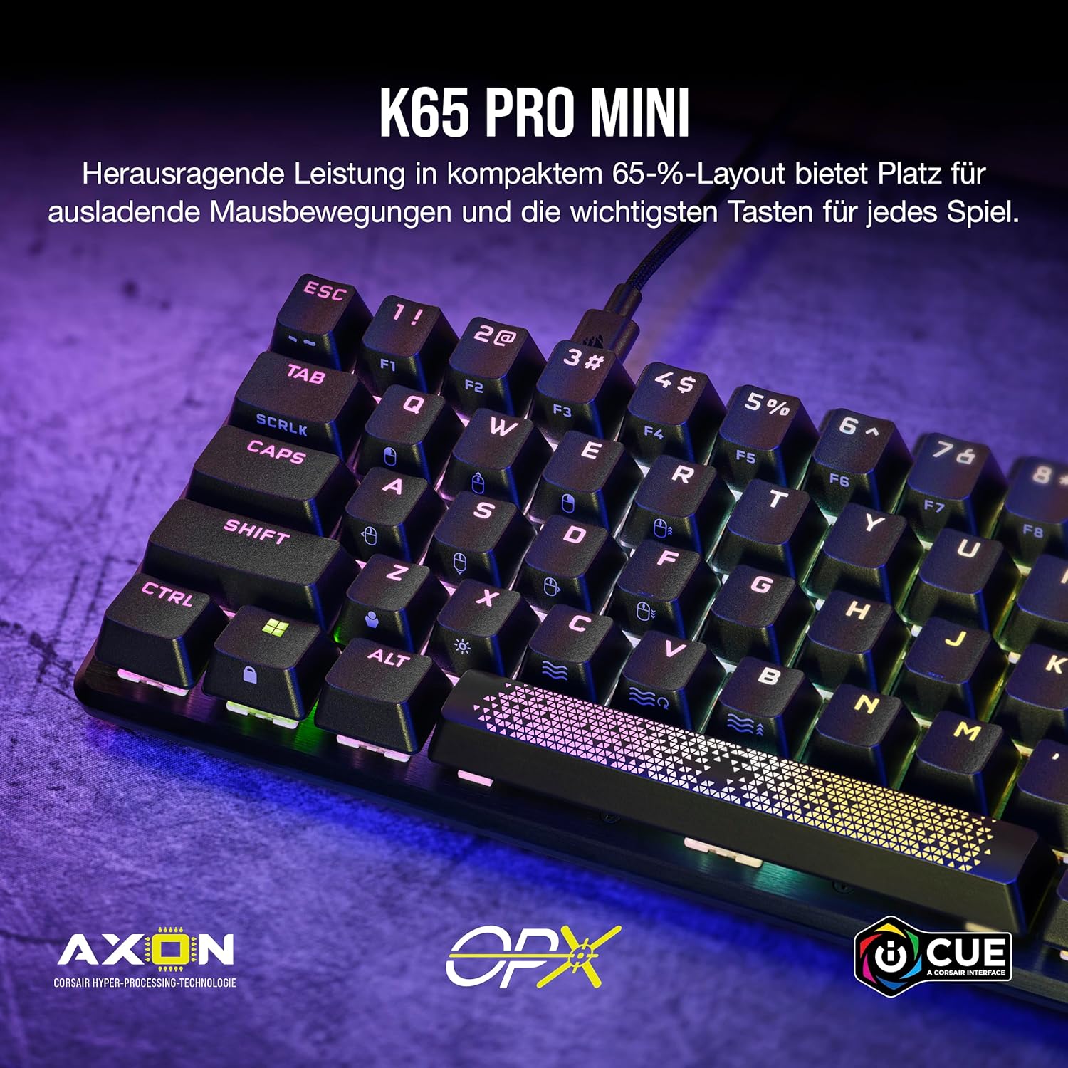Thumbnail 1 de Corsair K65 PRO Mini RGB (65%) mit optisch-mechanischen OPX-Schaltern – iCUE, PBT Double-Shot, QWERTZ