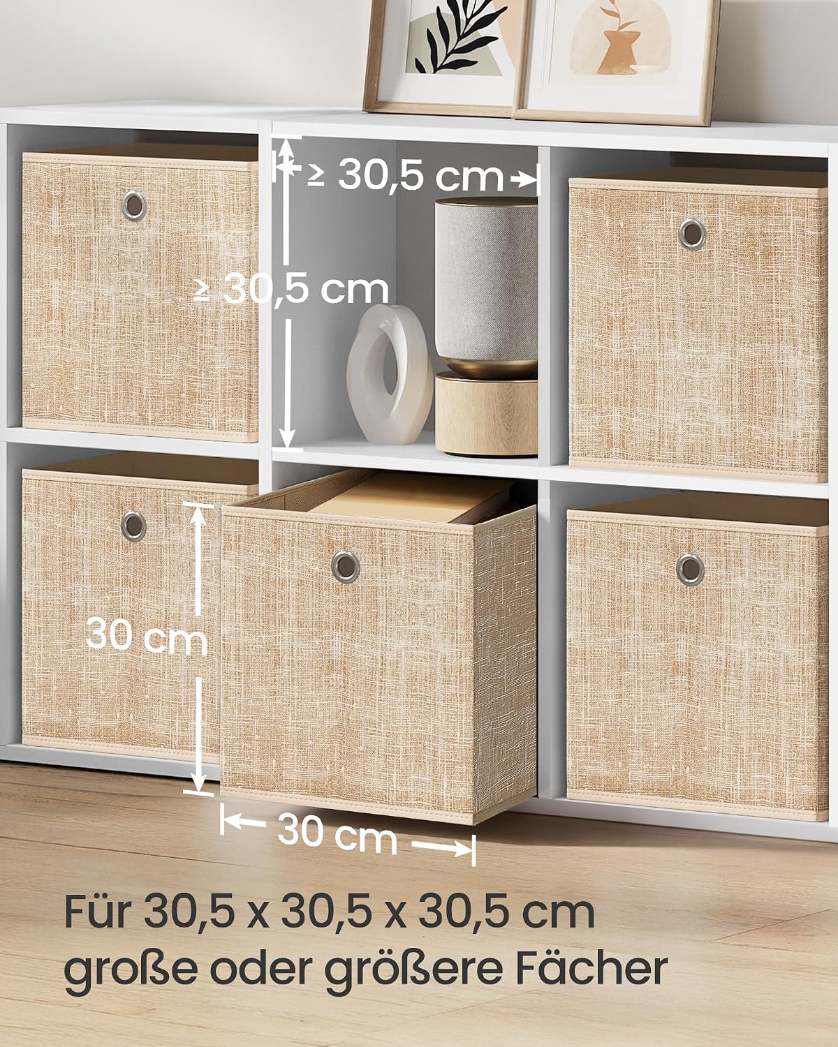 Detalle de SONGMICS Aufbewahrungsbox 6er Set – stabile Stoffboxen aus Vliesstoff, 30 x 30 x 30 cm, sandbeige
