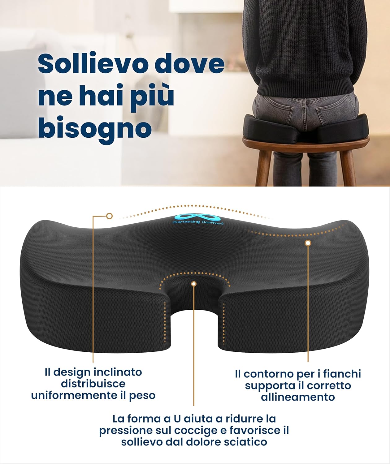 Thumbnail 2 de Everlasting Comfort Cuscino Seduta Memory Foam – supporto ergonomico a U per ufficio, auto e viaggio (Grande, Nero)