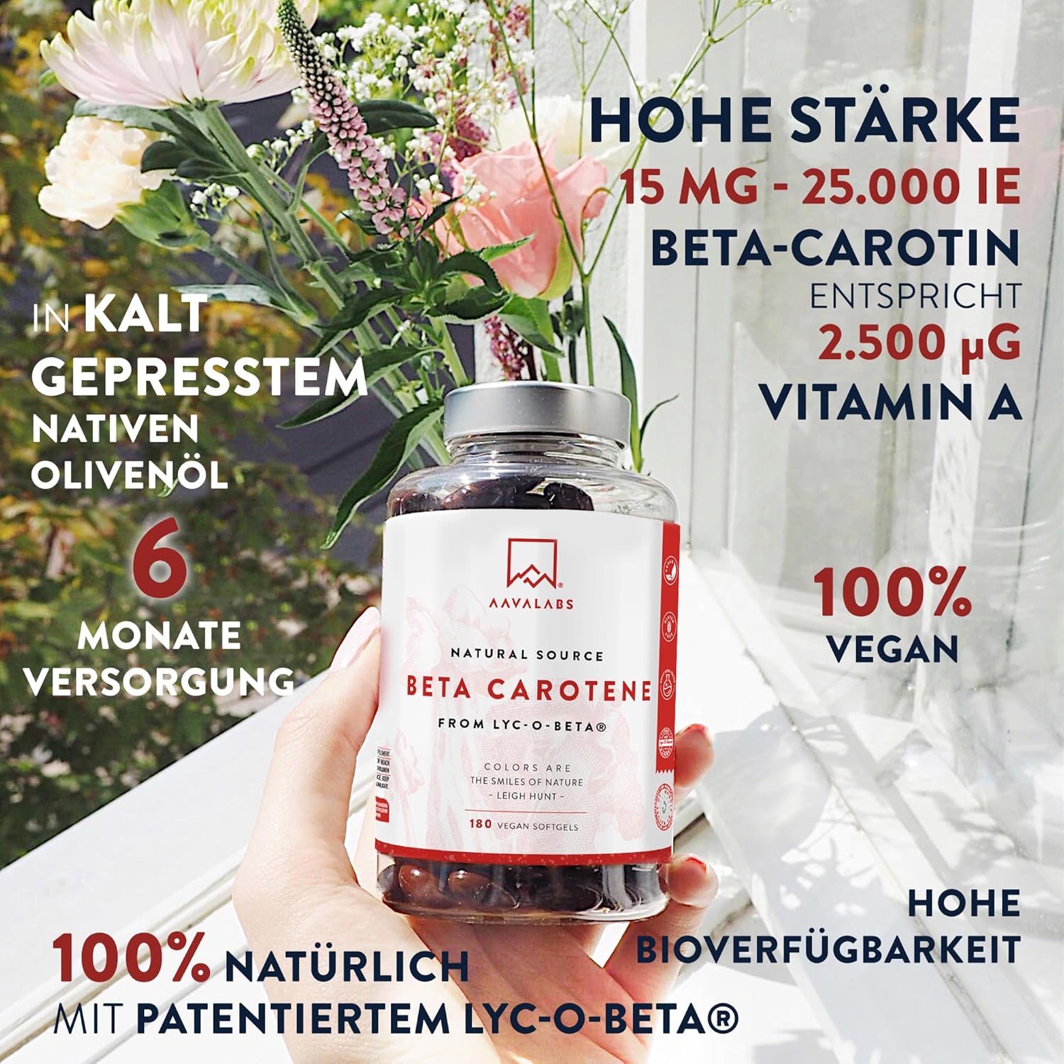 Thumbnail 1 de Beta Carotin Kapseln hochdosiert für die Bräune – 25.000 IE Vitamin A (180 Softgel-Kapseln) mit Lyc-O-Beta & Olivenöl