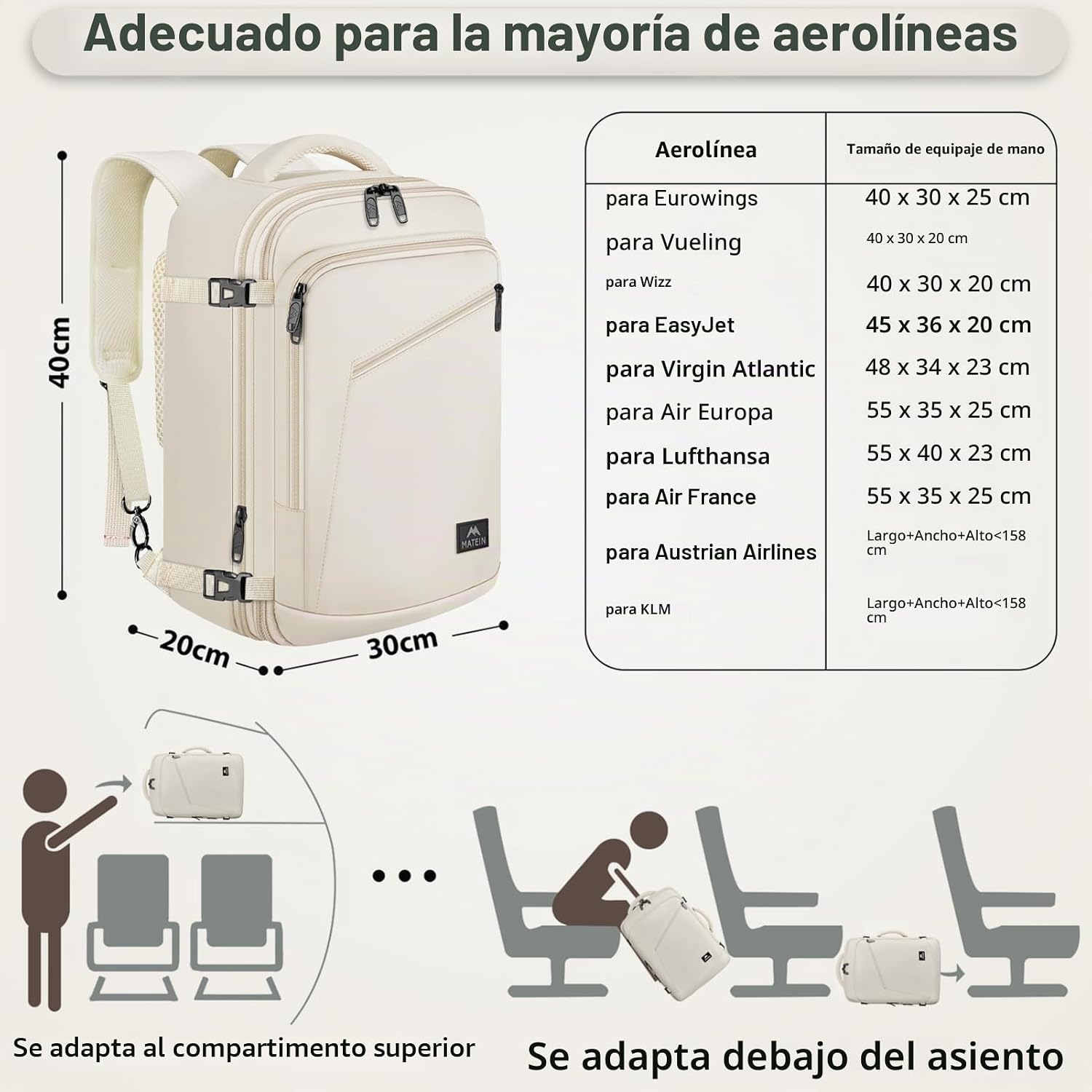 Thumbnail 1 de MATEIN Mochila de cabina expandible 40x30x20 cm | Cabina hombre/mujer, 30 L extra