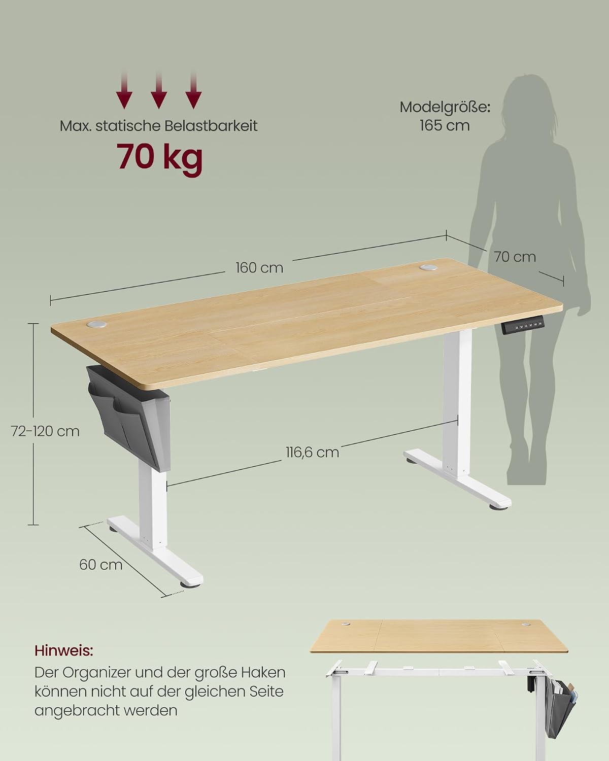 Detalle 1 de SONGMICS Schreibtisch höhenverstellbar 160×70 cm