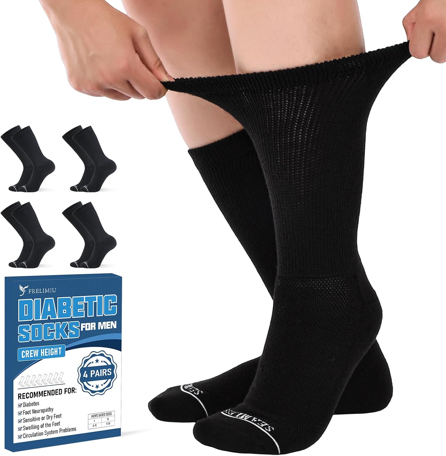 Detalle de Frelimiu Diabetic Socks for Men (Non-Binding, Seamless Toe) – 4 Pairs, 7–11