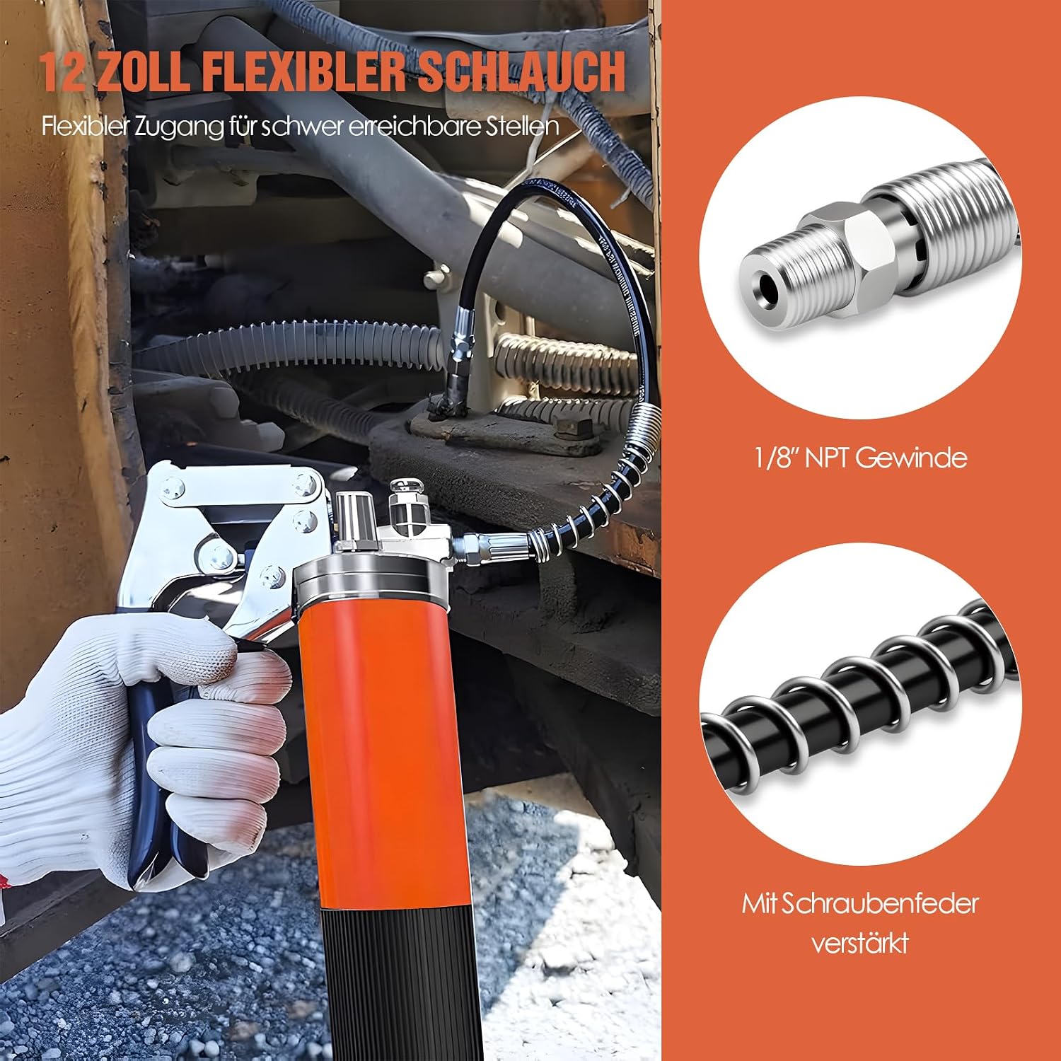 Detalle de TRILINK Fettpresse Mundstück Set – 8-teiliges Zubehörset mit Schnellkupplung, 90° Adapter und Schlauch