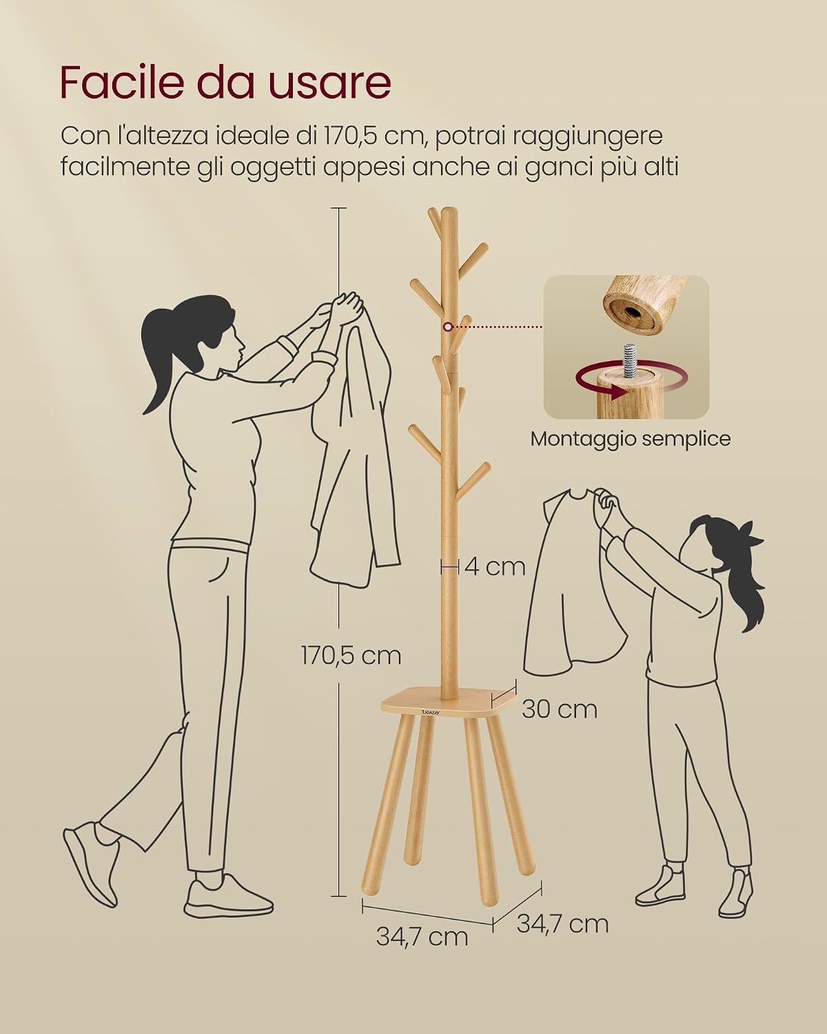 Detalle de VASAGLE Attaccapanni da Terra RCR033N01 beige naturale con 8 ganci e piano portaoggetti (170,5 cm)