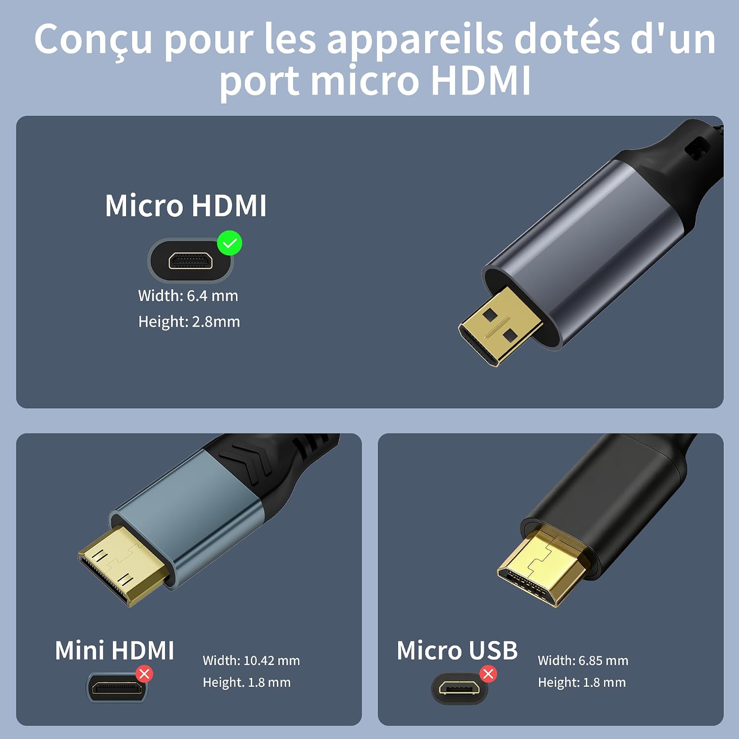 Thumbnail 6 de Câble Micro-HDMI vers HDMI 8K 2.1 – 20 cm, eARC, HDR, jusqu'à 8K@60Hz