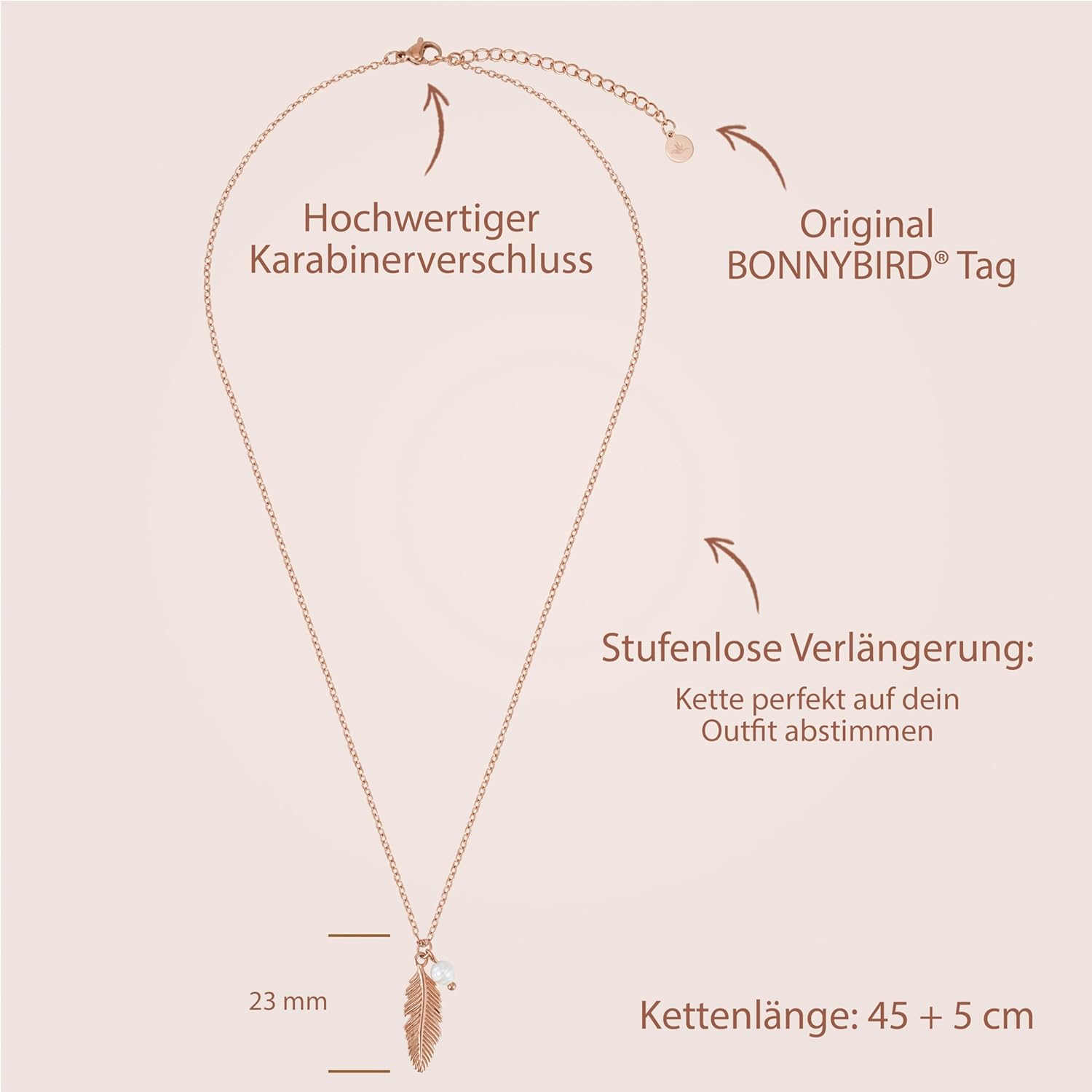 Thumbnail 4 de BONNYBIRD Wasserfeste Federkette aus Edelstahl 316L mit Süßwasserperle – BonnyFeather in Silber, Gold & Roségold