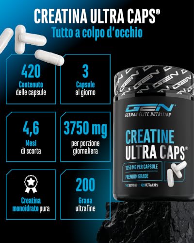 Detalle de GEN GERMAN ELITE NUTRITION Creatine Ultra Caps® - 420 Capsule: creatina monoidrato di alto dosaggio per chi cerca purezza