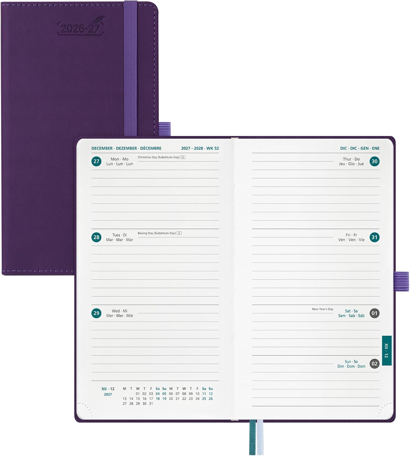 Detalle de BEZEND Agenda 2026/2027 Settimanale Tascabile, 18 mesi - Orizzontale, 17x9.5 cm, Copertina in Pelle PU Viola
