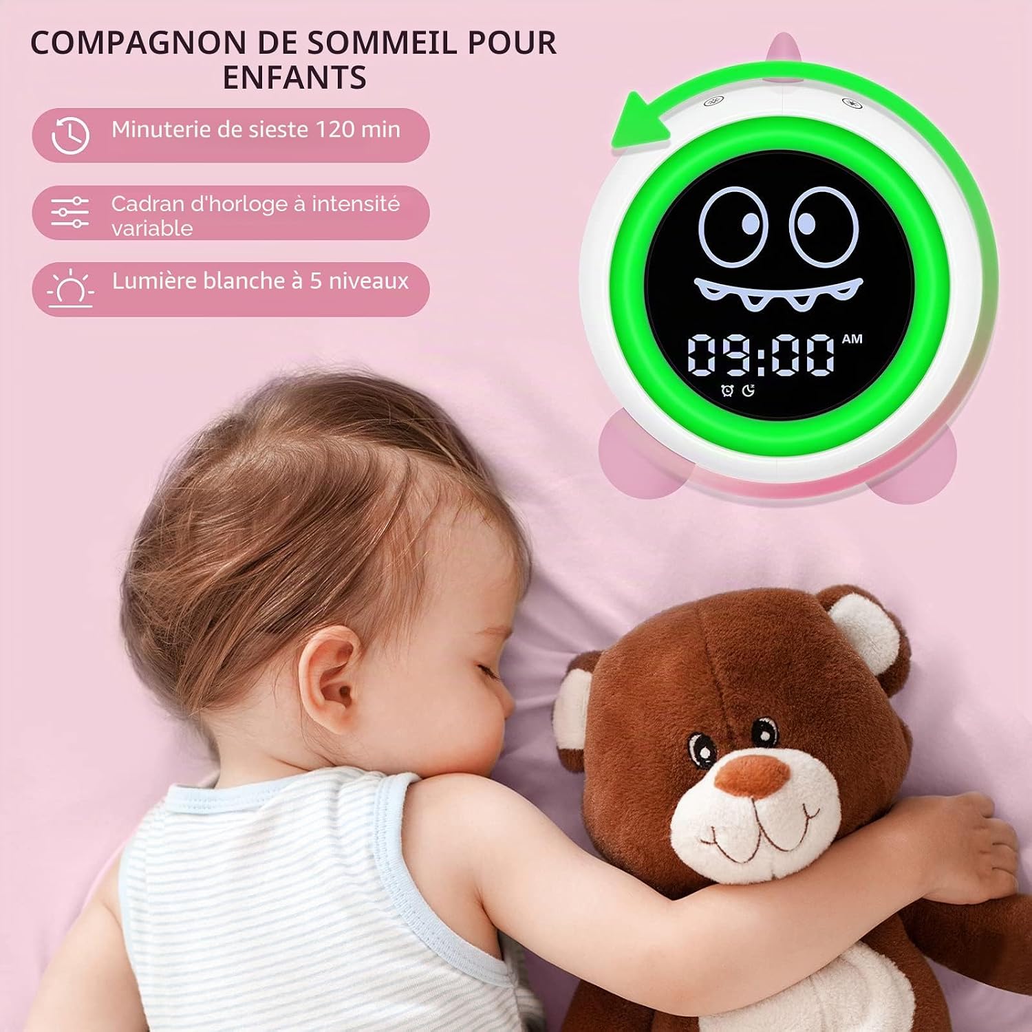 Detalle de H-chin Réveil pour Enfants — Entraîneur de Sommeil avec Veilleuse et Machine Sonore (Rose)