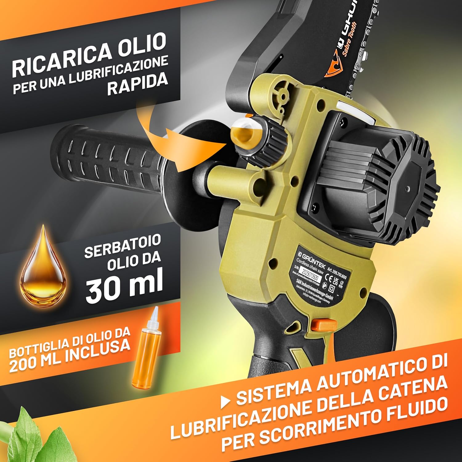 Detalle de GRÜNTEK Mini Motosega a Batteria 1050W: kit 2 batterie 21V, barre 6"/8" e accessori