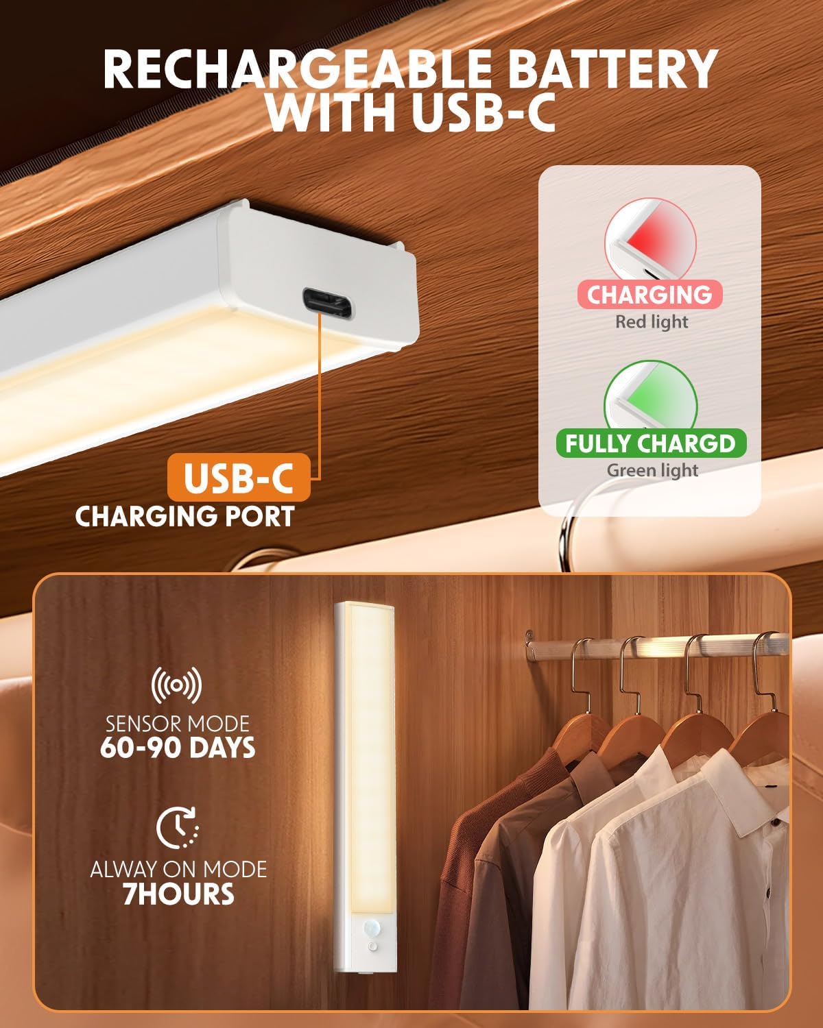 Detalle de KALAHOL 4 Pack Under Cabinet Kitchen Lights with Motion Sensor – 20cm, Warm White