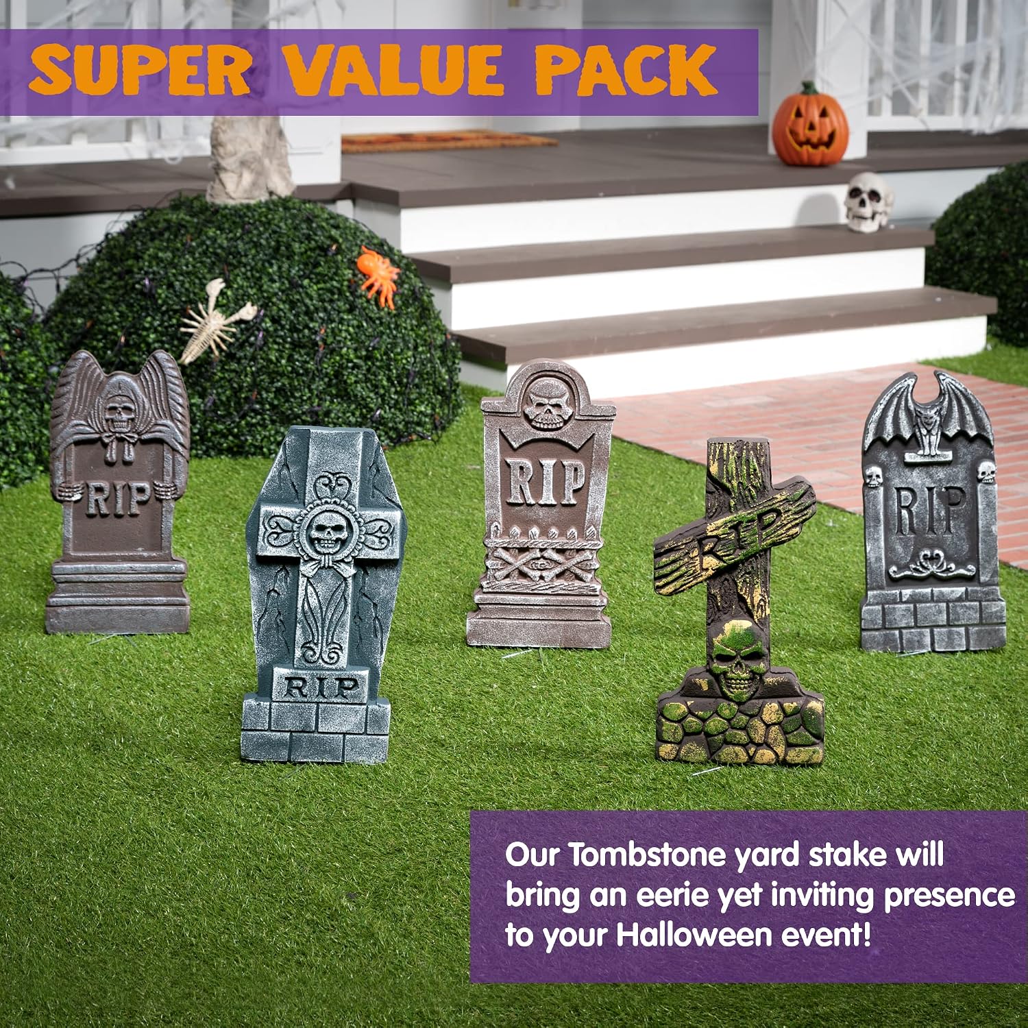 Detalle de JOYIN 10519 Halloween-grafstenen van schuim, 43,2 cm, met metalen haringen