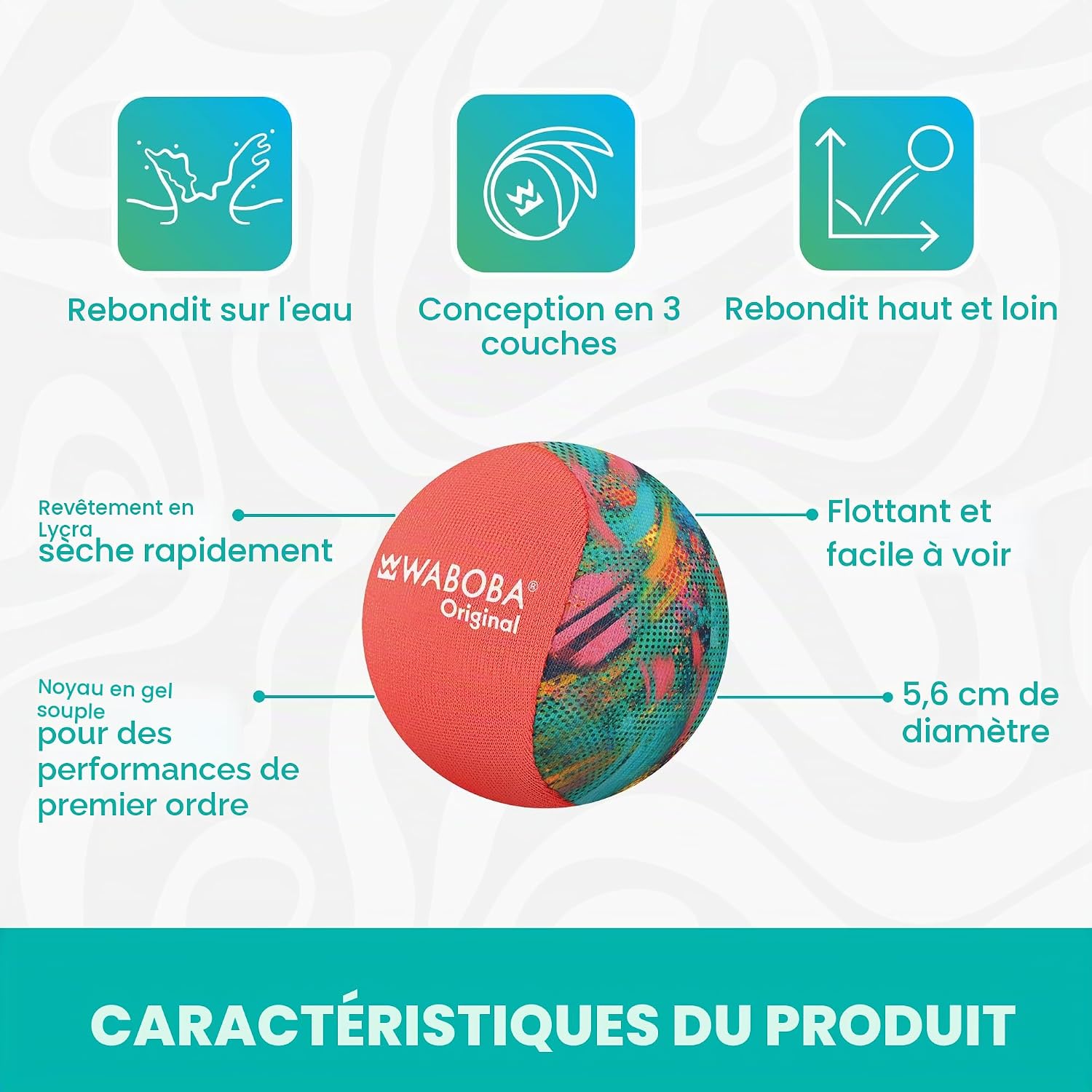 Detalle de Balle de Saut d'eau Originale Waboba – 55 mm, rebond parfait pour l’océan, le lac et la piscine