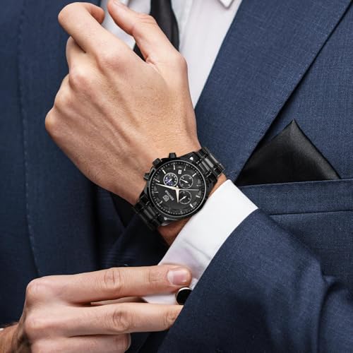 Detalle de BENYAR Montre Homme Chronographe Étanche – Bracelet Cuir, Grand Cadran Bleu Argent-b