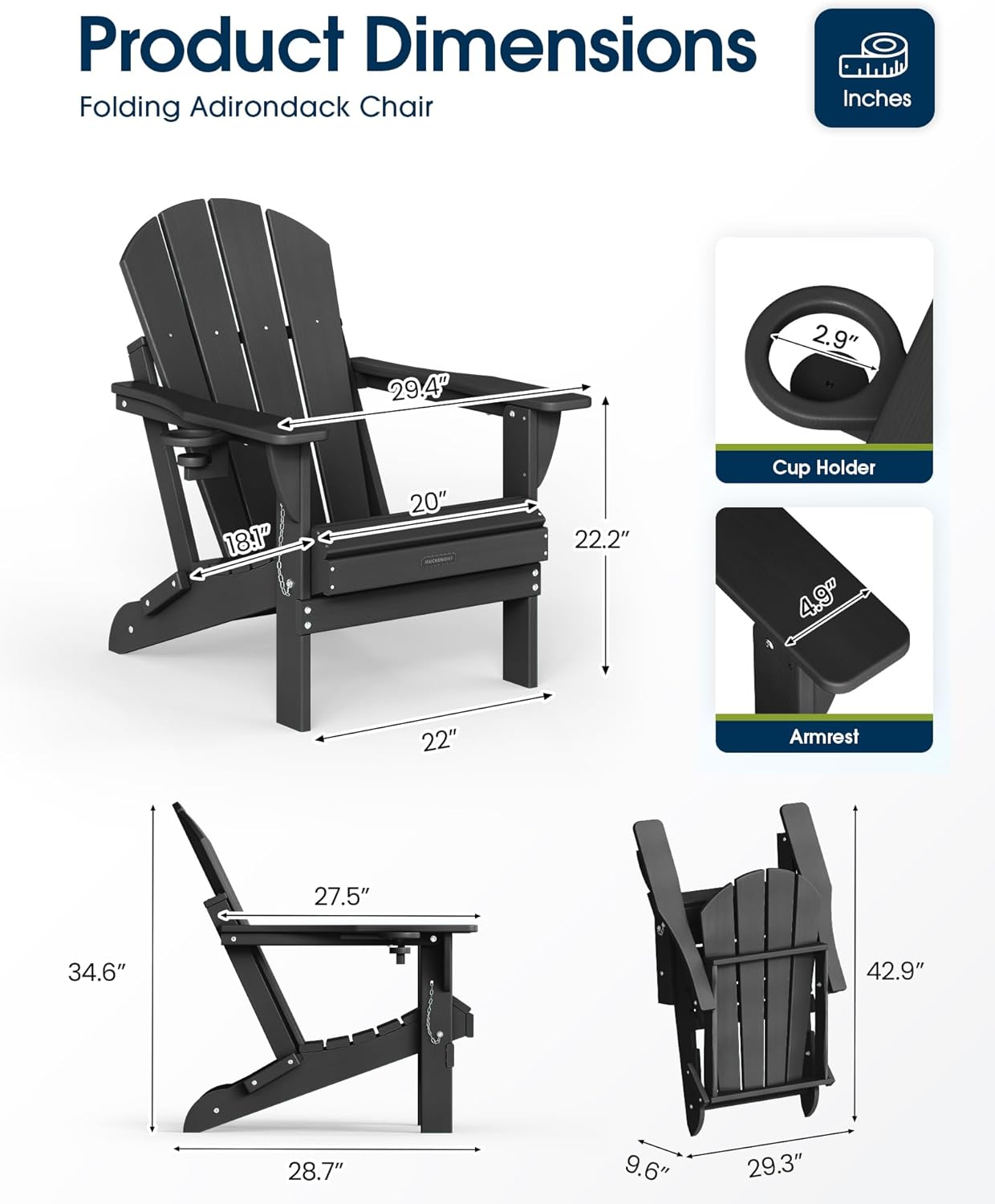 Thumbnail 2 de MUCHENGHY Folding Adirondack Chairs (Black) — Weather-Resistant Outdoor Patio Adirondack
