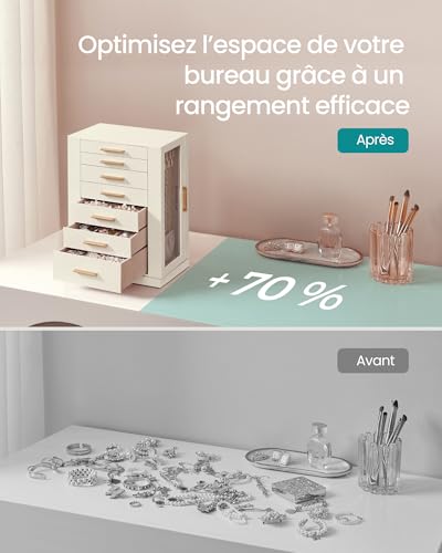 Detalle de SONGMICS Collection GISELLA – Boîte à Bijoux Rotative 360°, 7 tiroirs, fenêtres en verre, blanc nuage (JBC201W01)