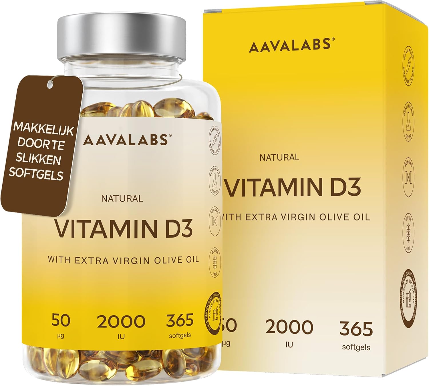 Detalle de AAVALABS Vitamine D3 2000 IE softgels met extra vierge olijfolie, 365 stuks