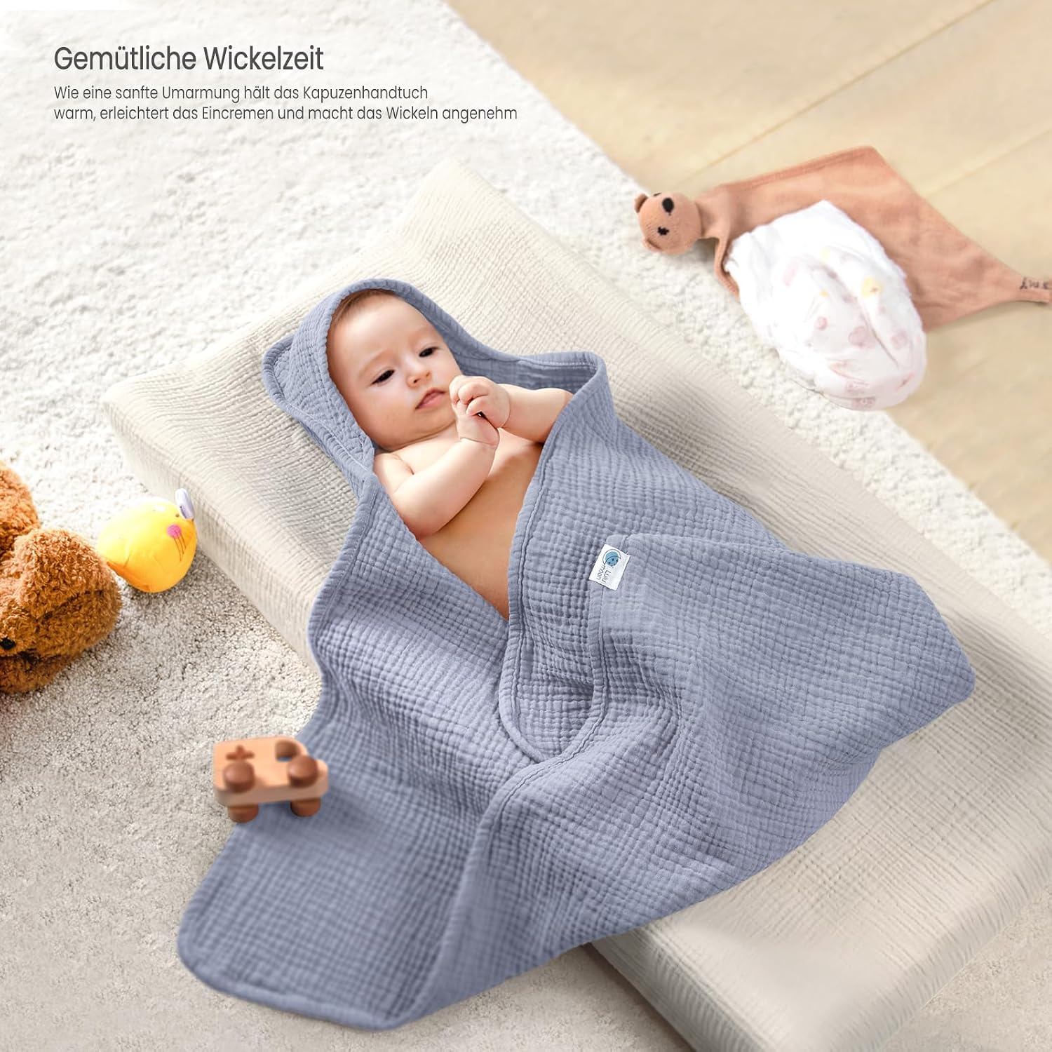 Detalle de lulumoon Baby-Kapuzenhandtuch aus Musselin-Baumwolle (75x76 cm) – extra weich & saugfähig für Bad & Eincremen