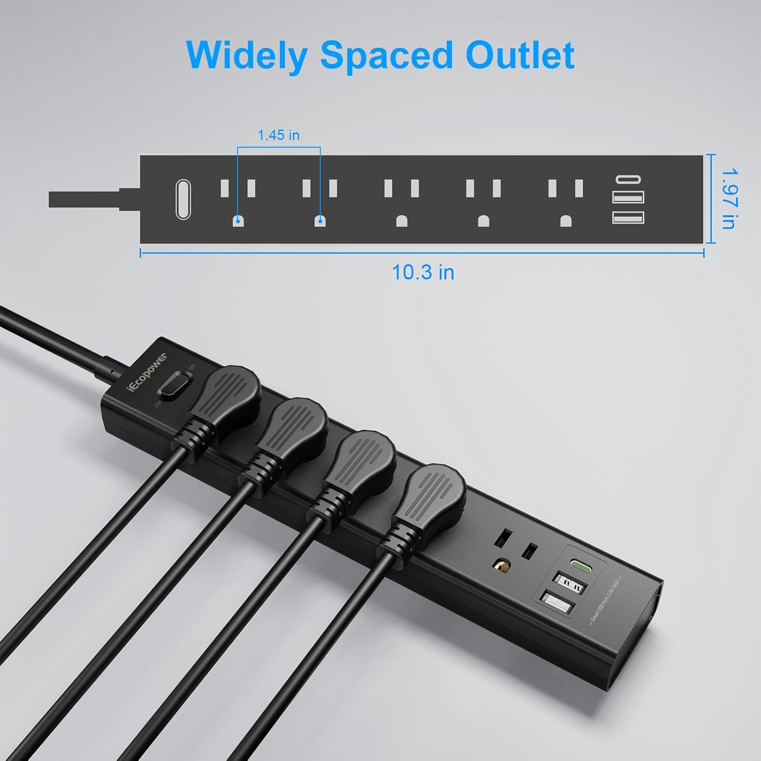 Detalle de 2 Pack Power Strip Surge Protector with 5 Widely Spaced Outlets, 3 USB Ports, 1250W/10A, 5ft Cord, Wall Mount (Black)