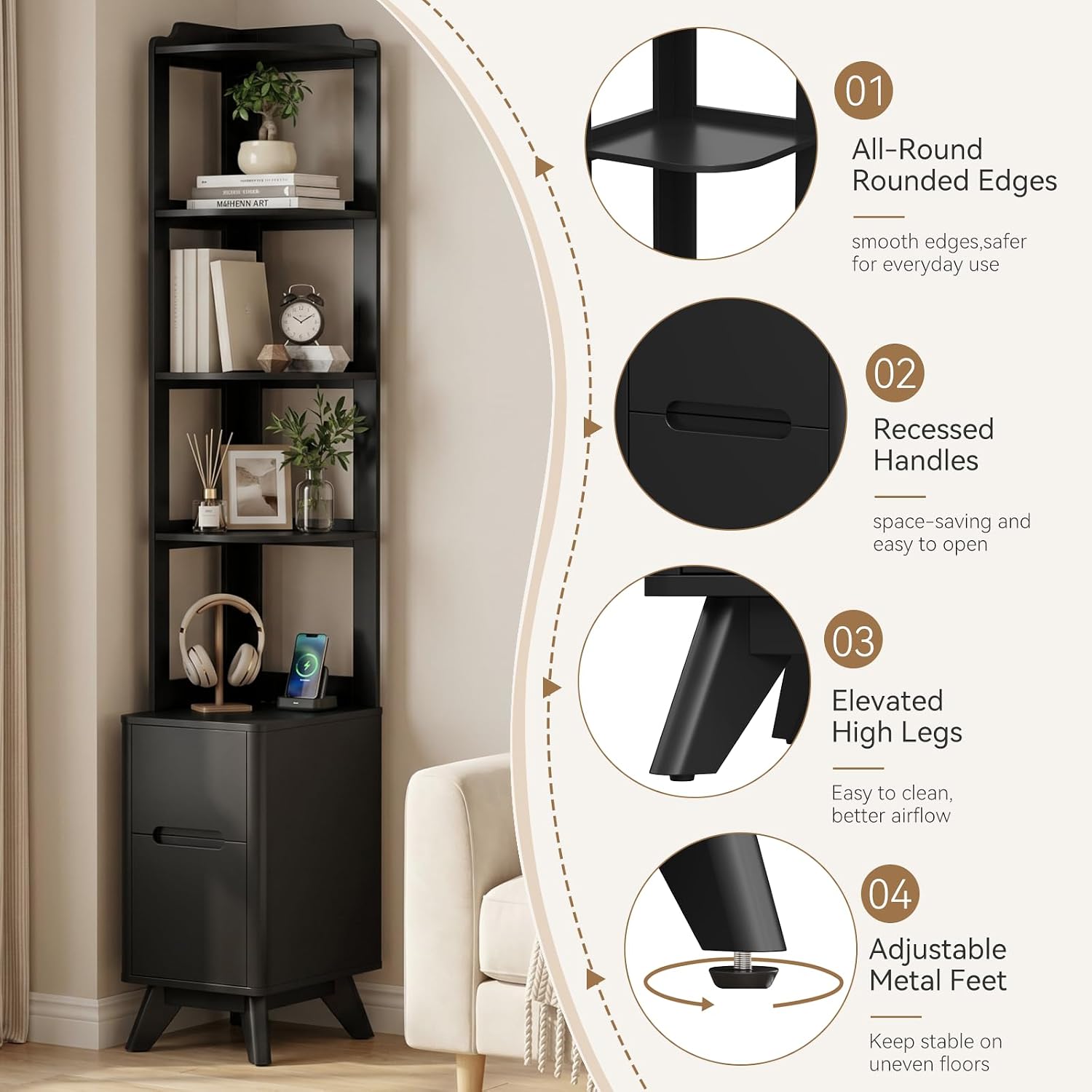 Thumbnail 6 de SOLACE FURNITURE MJZK07 Tall Nightstand Set of 2 with Charging Station