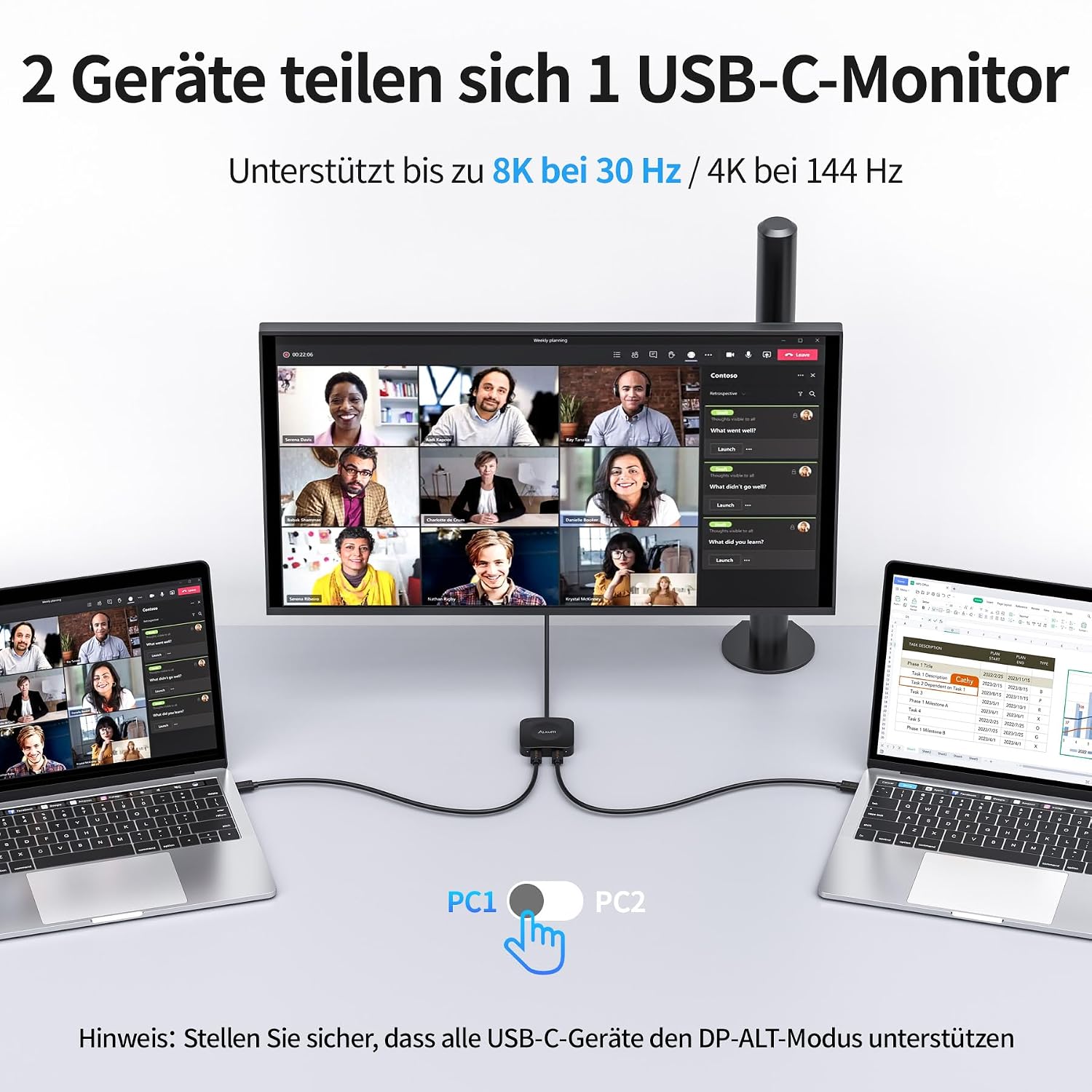 Detalle de Alxum USB-C Switch 2 Geräte, 2 Eingänge – 2 in 1 Out, 8K/4K Video, 140W PD, USB4 mit Fernbedienung