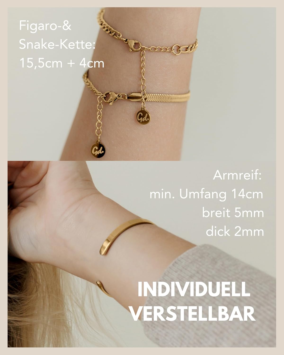Thumbnail 4 de GD GOOD.designs Armband-Set (3-teilig) aus 316L-Edelstahl – wasserfest, größenverstellbar, Schlange/Glieder/Armreif in Silber, Roségold oder 18K Gold