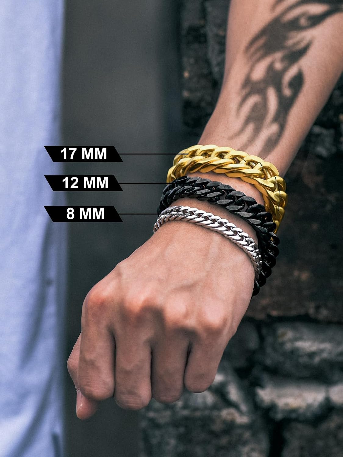 Detalle de Richsteel Herren-Armband aus Edelstahl „Cuban Gliederarmband“ in Silber, Gold oder Schwarz (8/12/17 mm, 19/21/23 cm) mit Geschenkbox