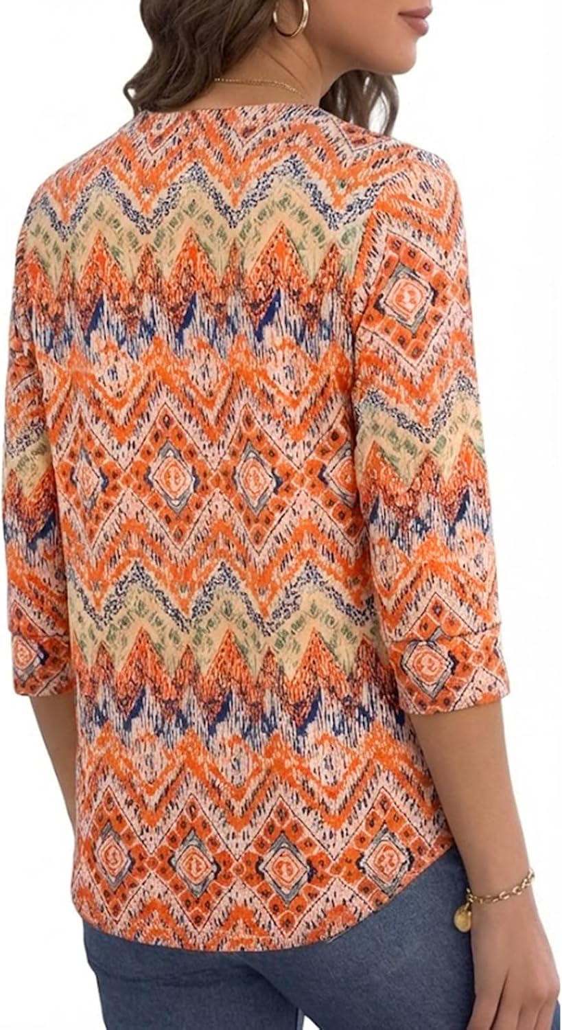 Thumbnail 3 de Cuptacc Damen Bluse mit V-Ausschnitt und 3/4-Ärmeln (Henley) im Boho-Look
