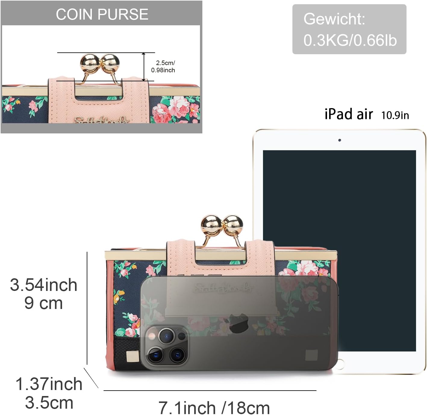 Thumbnail 2 de Gladdon Portefeuille femme élégant à motif rosier bleu foncé – 10 emplacements cartes et poche à pièces