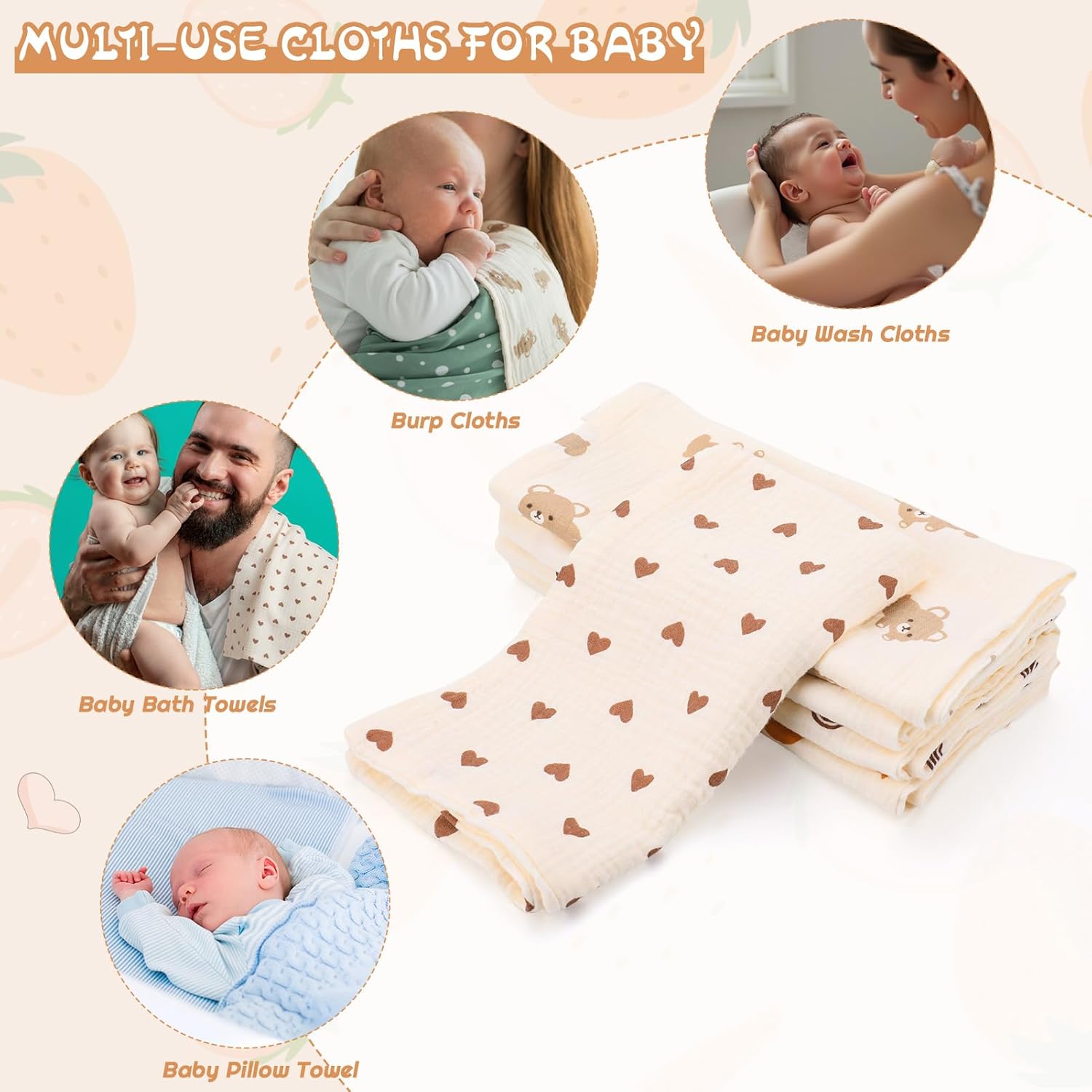 Thumbnail 2 de GSrenyu 5 Pack Muslin Cloths for Baby – 25x50cm 100% Cotton, Beige with 5 Patterns