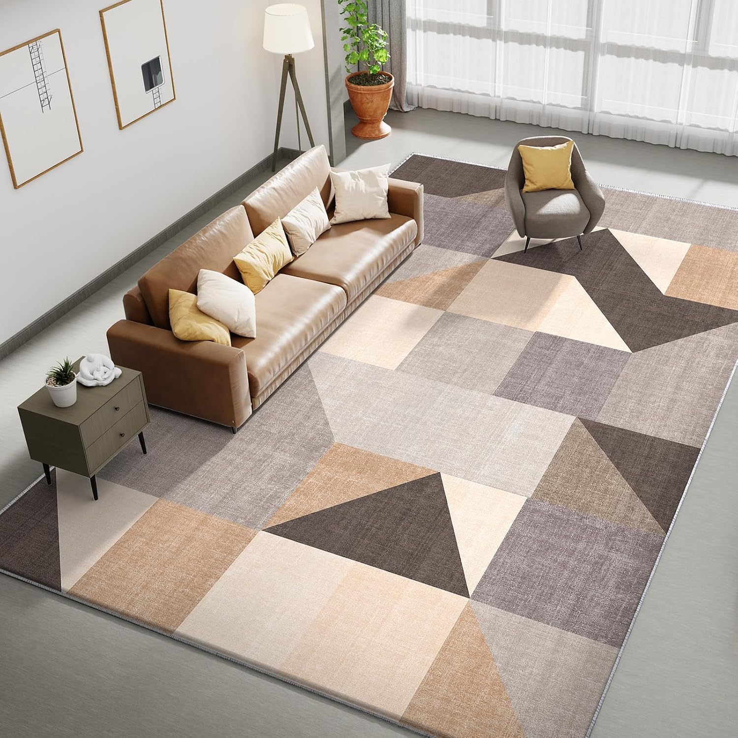 Detalle de HOMFINE vloerkleed 120 x 170 cm, bruin, 10 mm schuim en geometrisch patroon