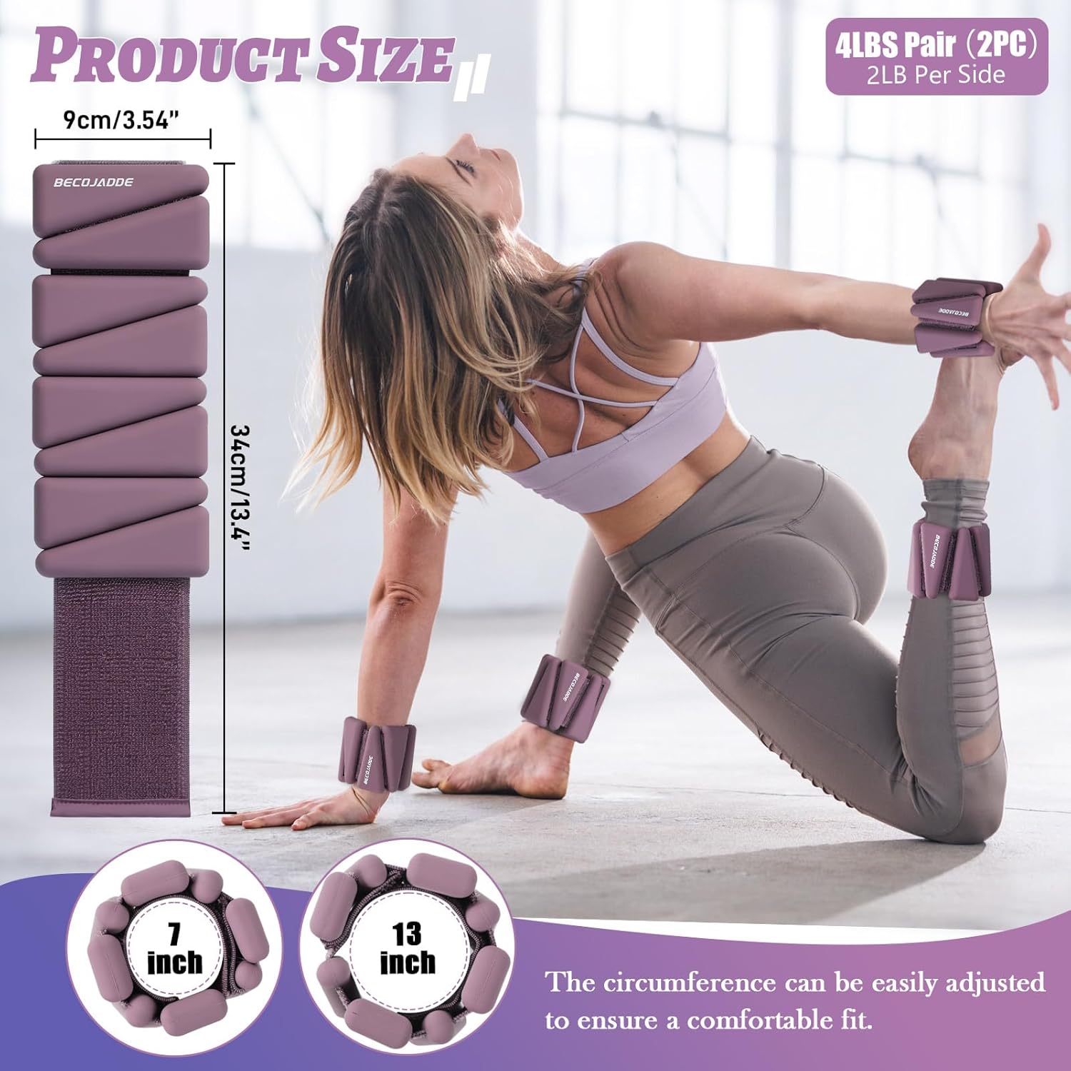 Thumbnail 6 de BECOJADDE Ankle Weights Set of 2: Adjustable 1 lb / 2 lb / 3 lb Each for Pilates, Running, and More