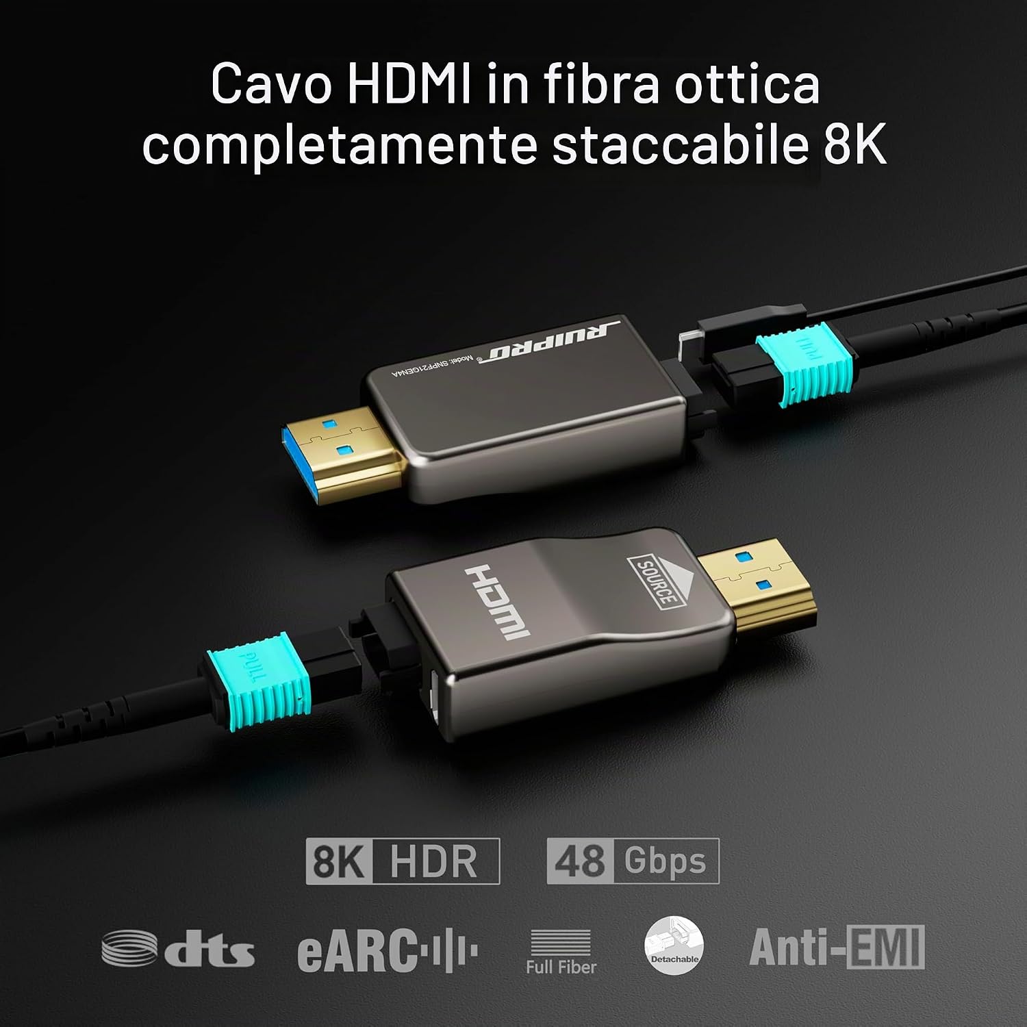 Detalle de RUIPRO 8K: Cavo HDMI 2.1 in fibra ottica pura 20 m con connettori staccabili
