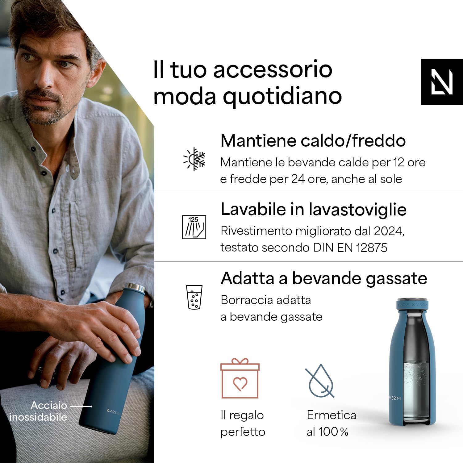 Detalle de LARS NYSØM borraccia termica 750 ml in acciaio inox (Calypso Blue) con isolamento a vuoto
