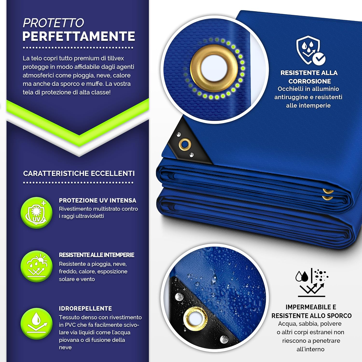 Detalle 2 de Telo di copertura tillvex con occhielli, 10 elastici e corda da 15 m (650 g/m²) impermeabile e antistrappo