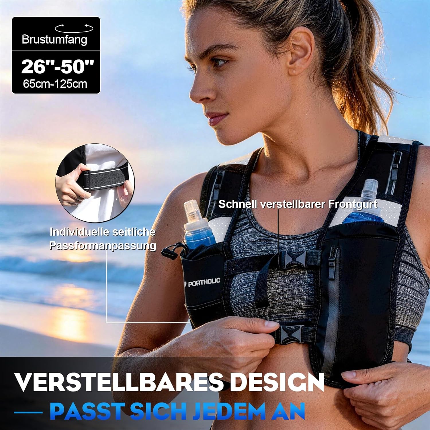 Thumbnail 3 de PORTHOLIC Laufweste Trinkweste mit 2×500 ml Softflaschen, LED & 360° Reflexstreifen