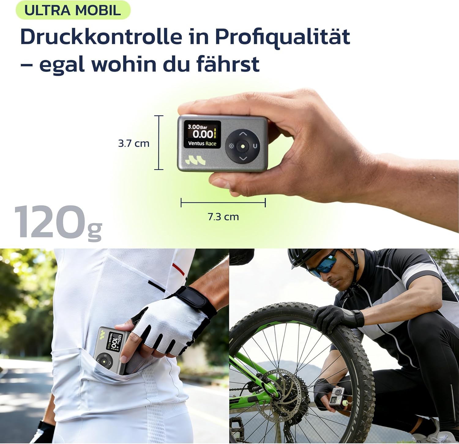 Thumbnail 2 de Woowind Ventus Race elektrische Fahrradpumpe – Mini-Kompressor für Presta & Schrader, bis 120 PSI, LED-Licht
