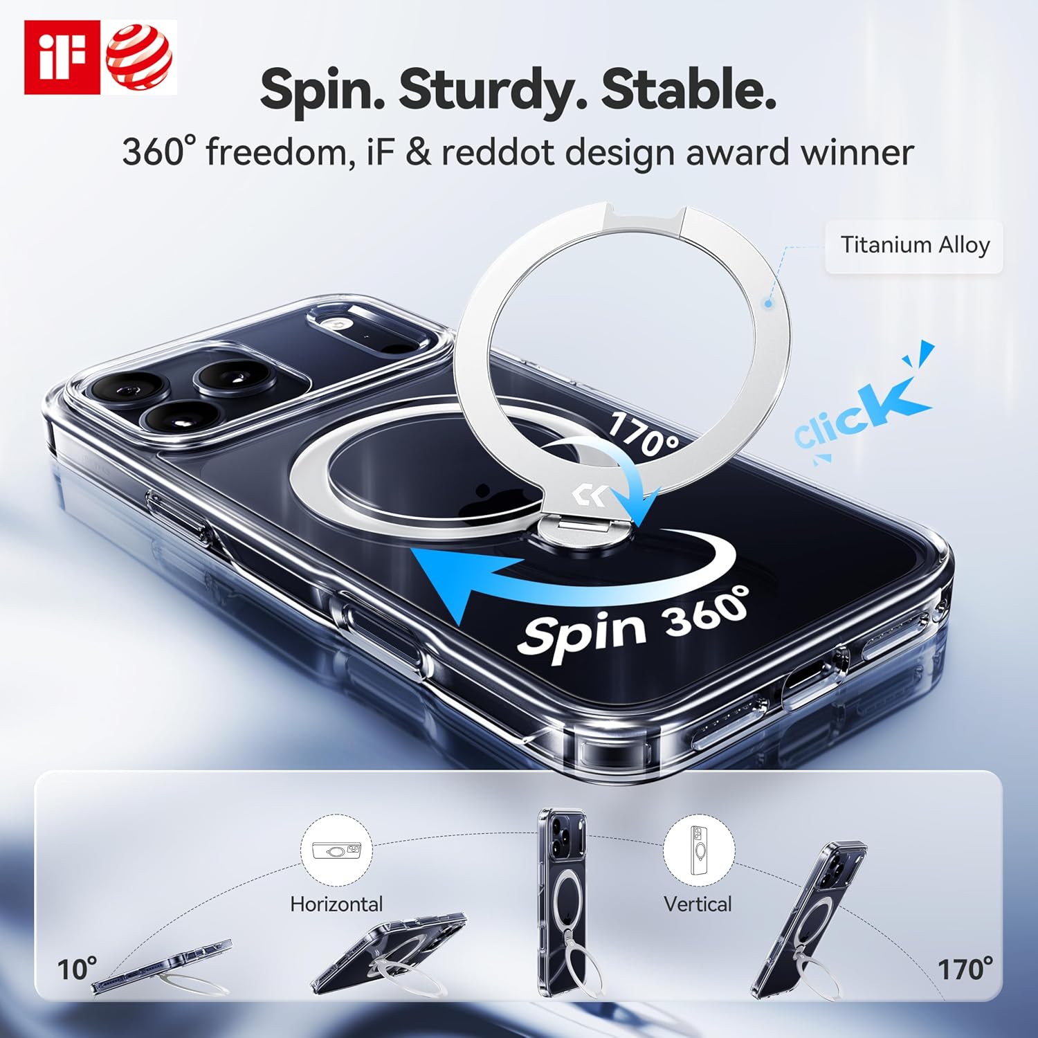 Detalle de CASEKOO Clear for iPhone 17 Pro Case with 360 Spin Magnetic Stand — Clear, Military-Grade Protection
