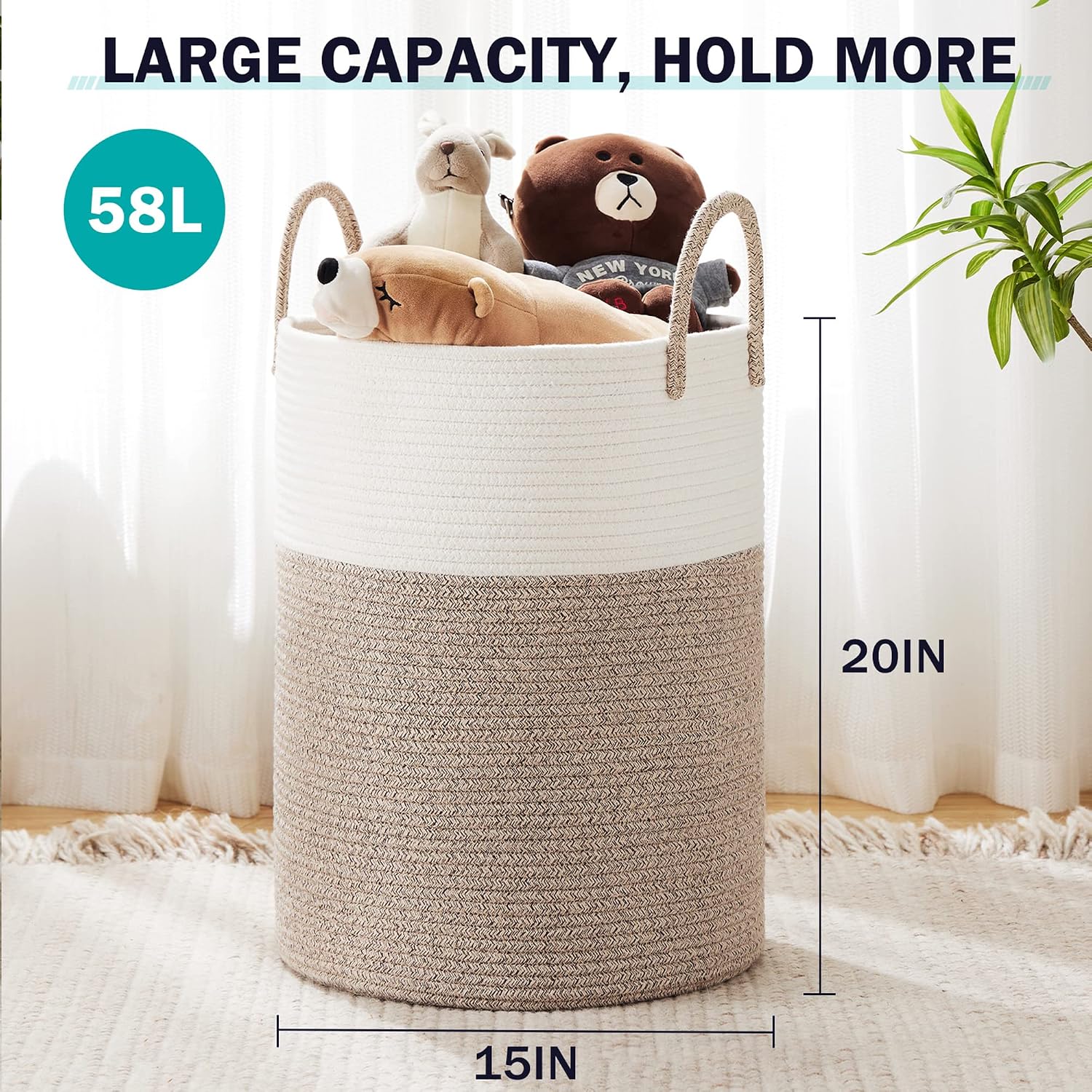 Detalle de YOUDENOVA Woven Rope Laundry Hamper, 58L Tall Cotton Basket, Brown