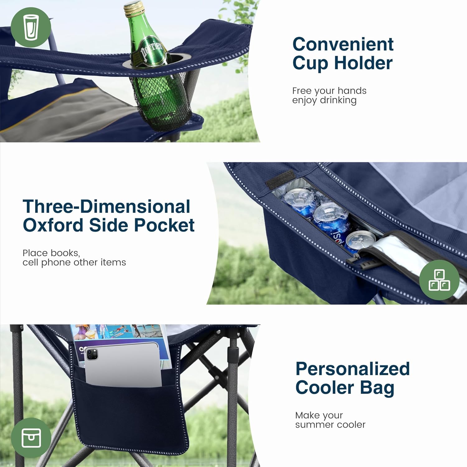 Detalle de HIGH POINT SPORTS Übergroßer Campingstuhl – XXL Klappstuhl mit Kühltasche, Armlehnen und Getränkehalter