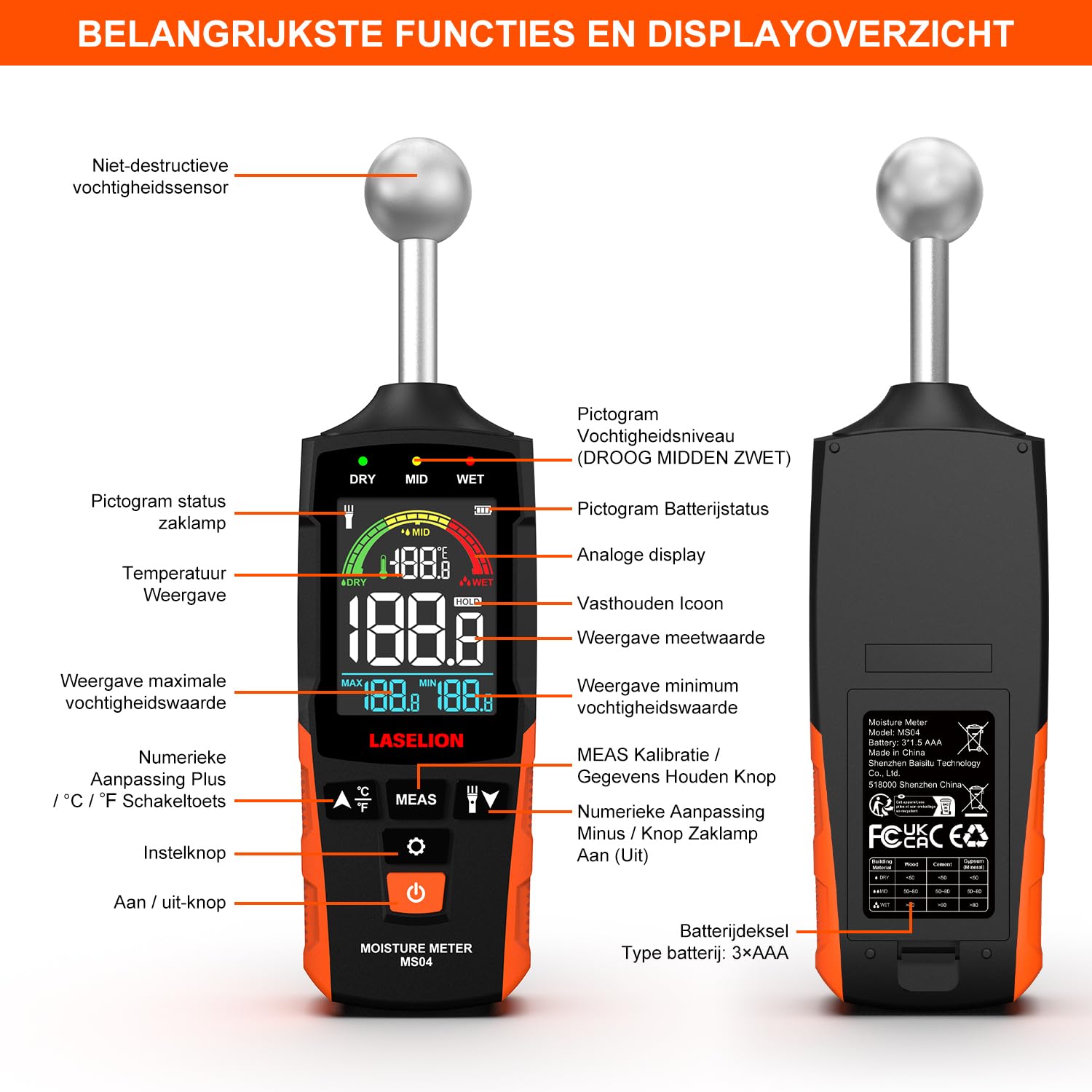 Thumbnail 6 de LASELION MS04 wandvochtigheidsmeter met kogelsensor en instelbaar vochtalarm