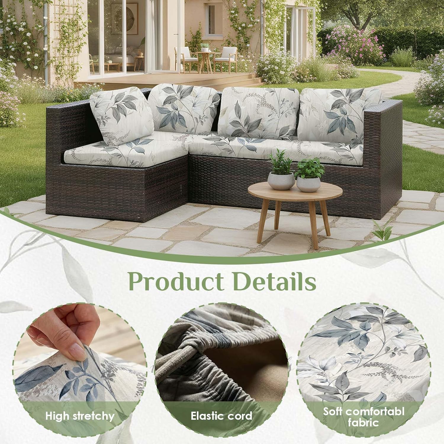 Thumbnail 3 de LiveGo 8-Pack Patio Stretch Sofa Cushion Covers (Flowers) for Outdoor Cushion Protection