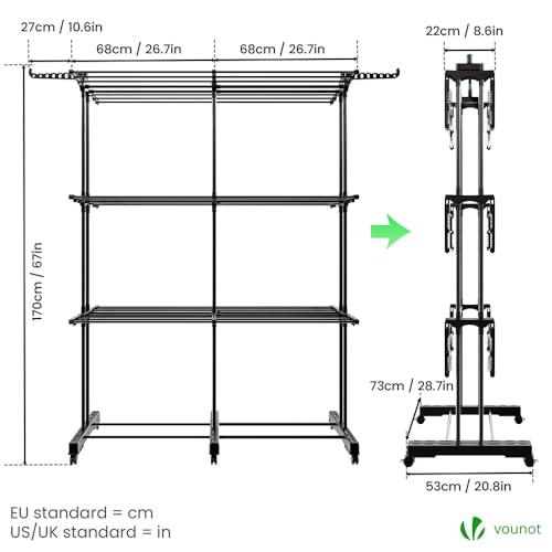 Detalle de VOUNOT Séchoir à Linge Extensible Grande Capacité – Tour de Séchage 3 Niveaux, Noir