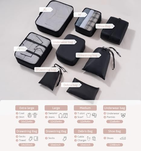 Detalle 2 de Meowoo organisateurs de valise 8 pièces, noirs et compressibles