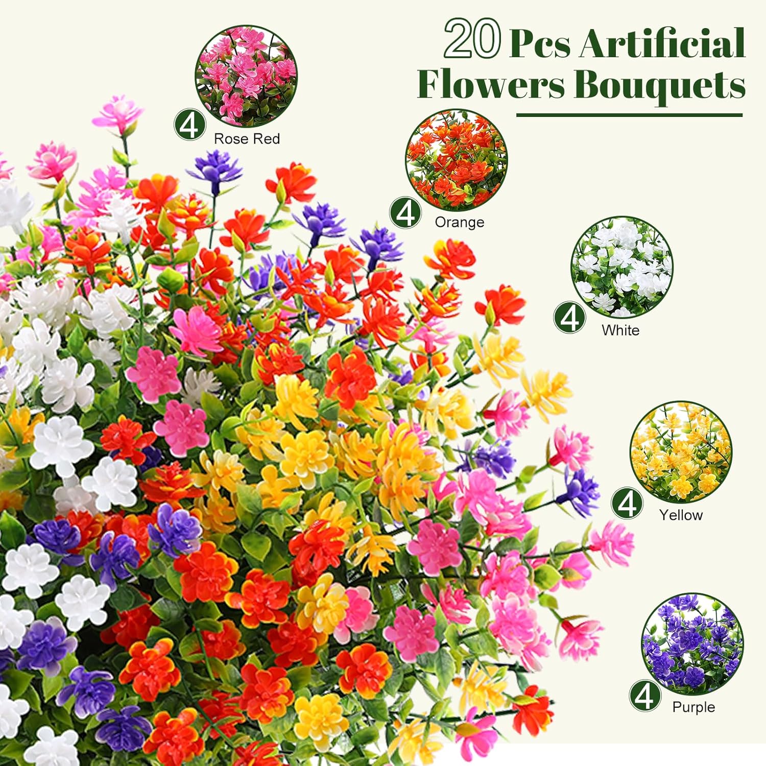 Thumbnail 3 de Alupssuc 20 Bundles Outdoor Artificial Flowers – UV‑Resistant Purple, Rose, Yellow, Orange, White Faux Bushes for Garden, Porch, Vase