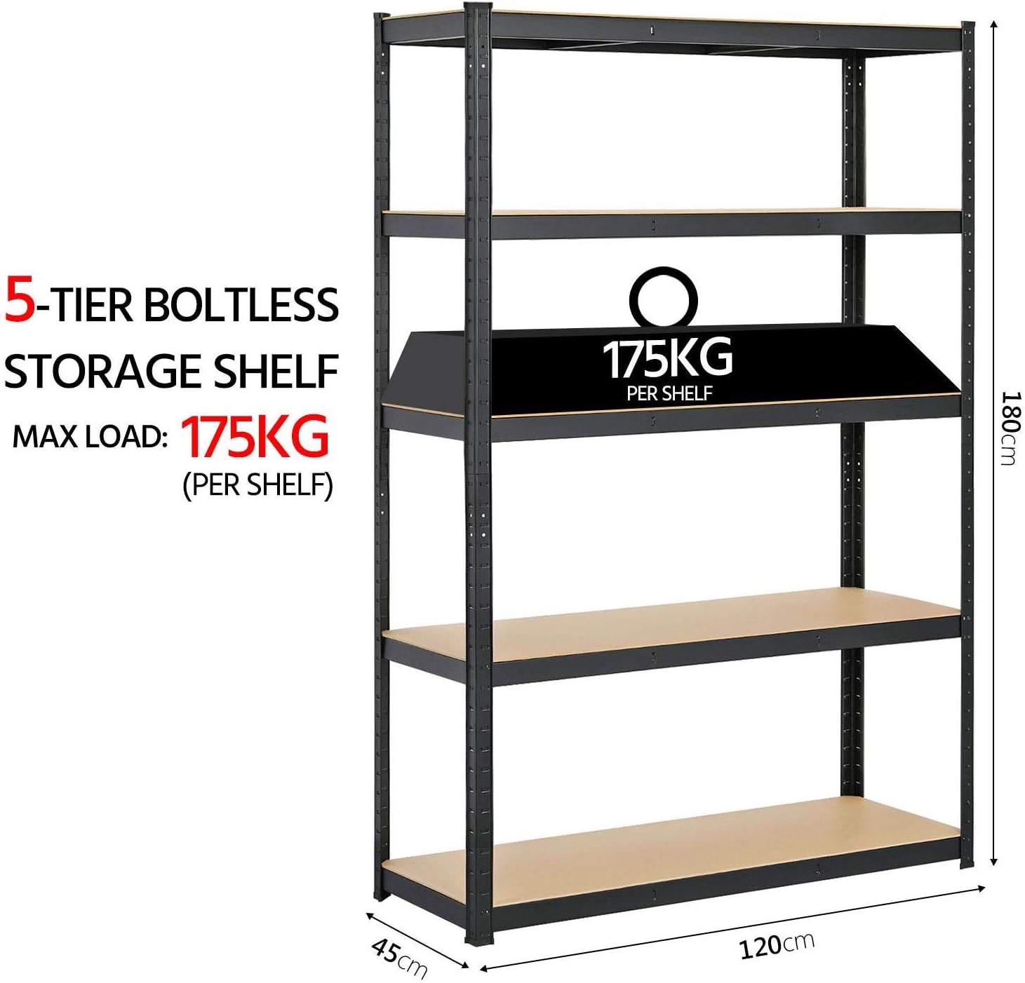 Thumbnail 2 de Yaheetech Garage Shelving Unit 180cm x 120cm x 45cm, 5-Tier Heavy Duty Storage Rack (Black)